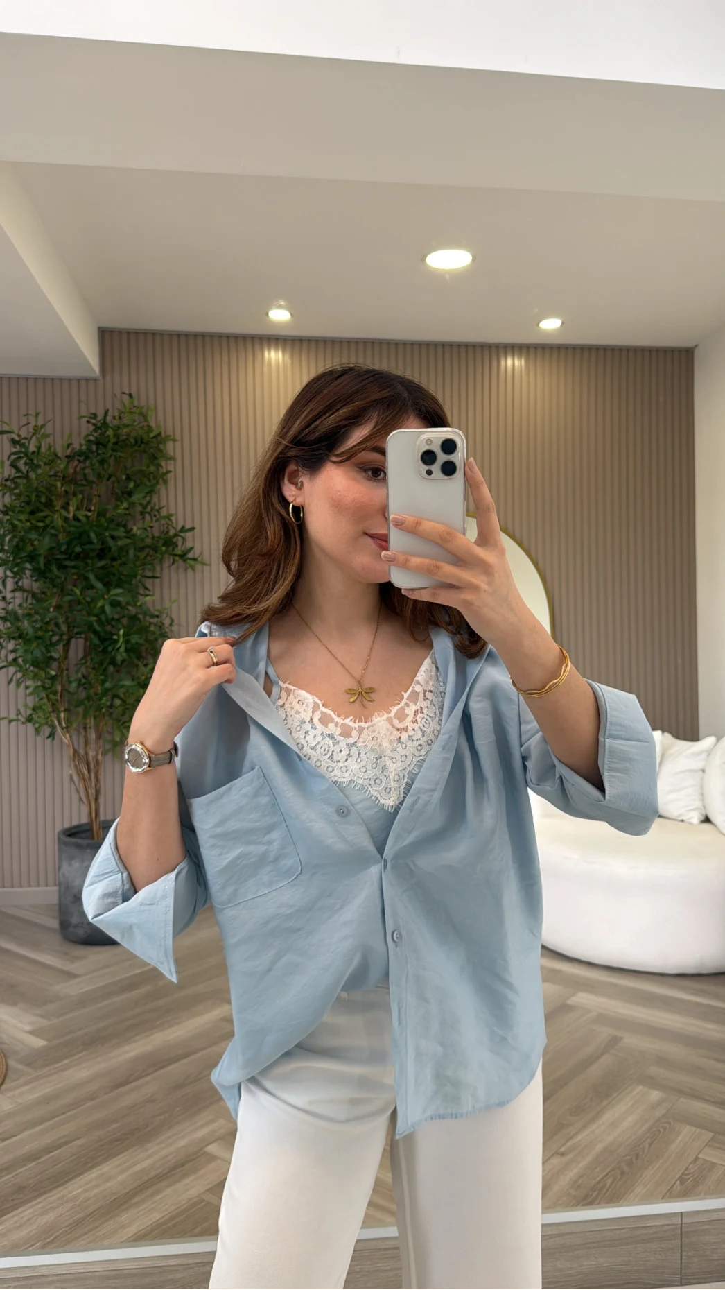 İçi Askılı Dantel Detaylı Gömlek - Mavi - Kod: 2209