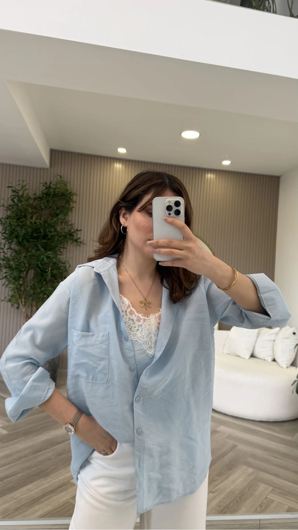 İçi Askılı Dantel Detaylı Gömlek - Mavi - Kod: 2209