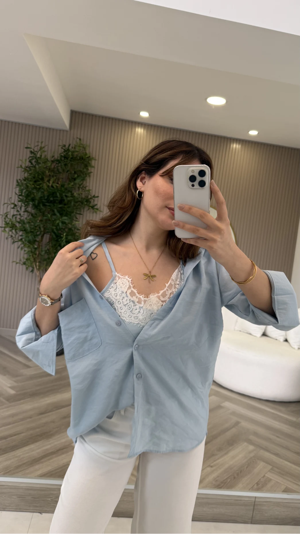 İçi Askılı Dantel Detaylı Gömlek - Mavi - Kod: 2209