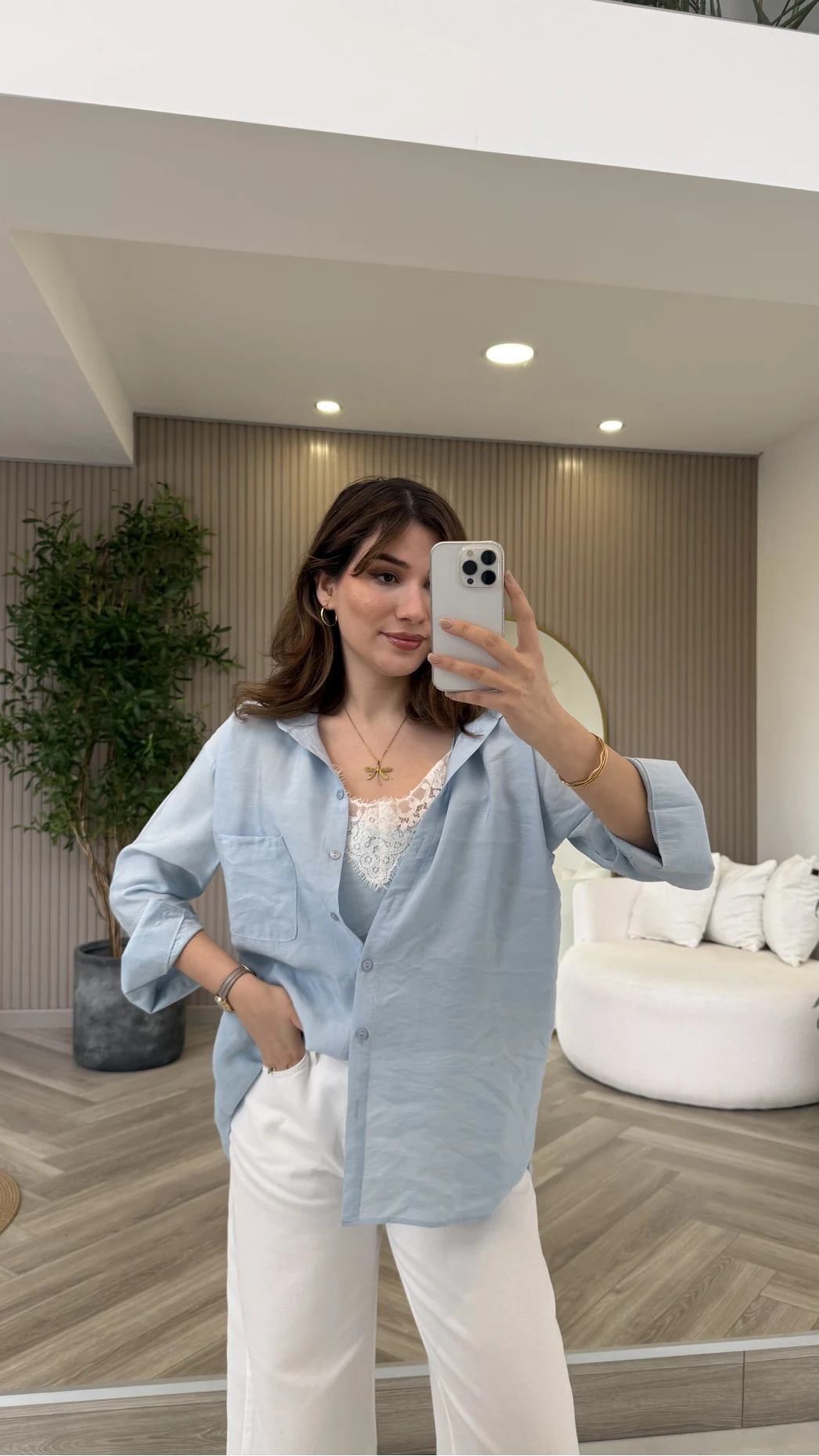 İçi Askılı Dantel Detaylı Gömlek - Mavi - Kod: 2209