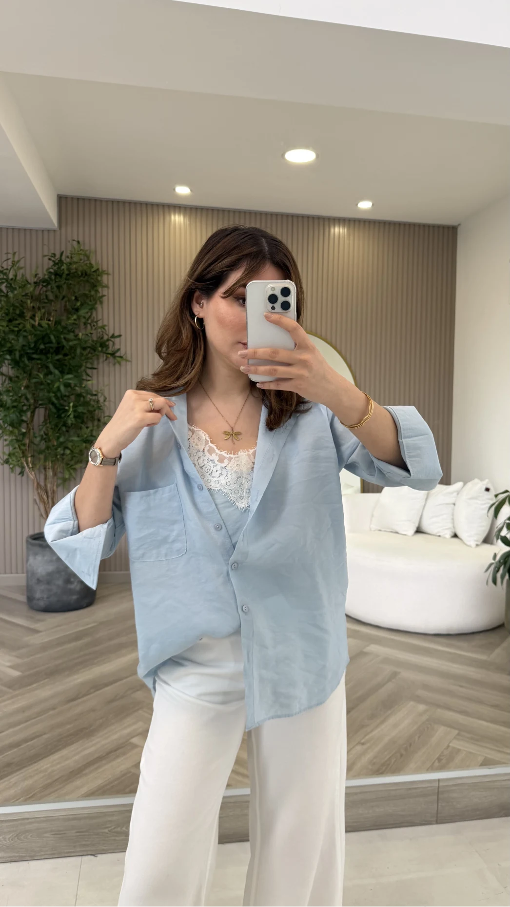 İçi Askılı Dantel Detaylı Gömlek - Mavi - Kod: 2209