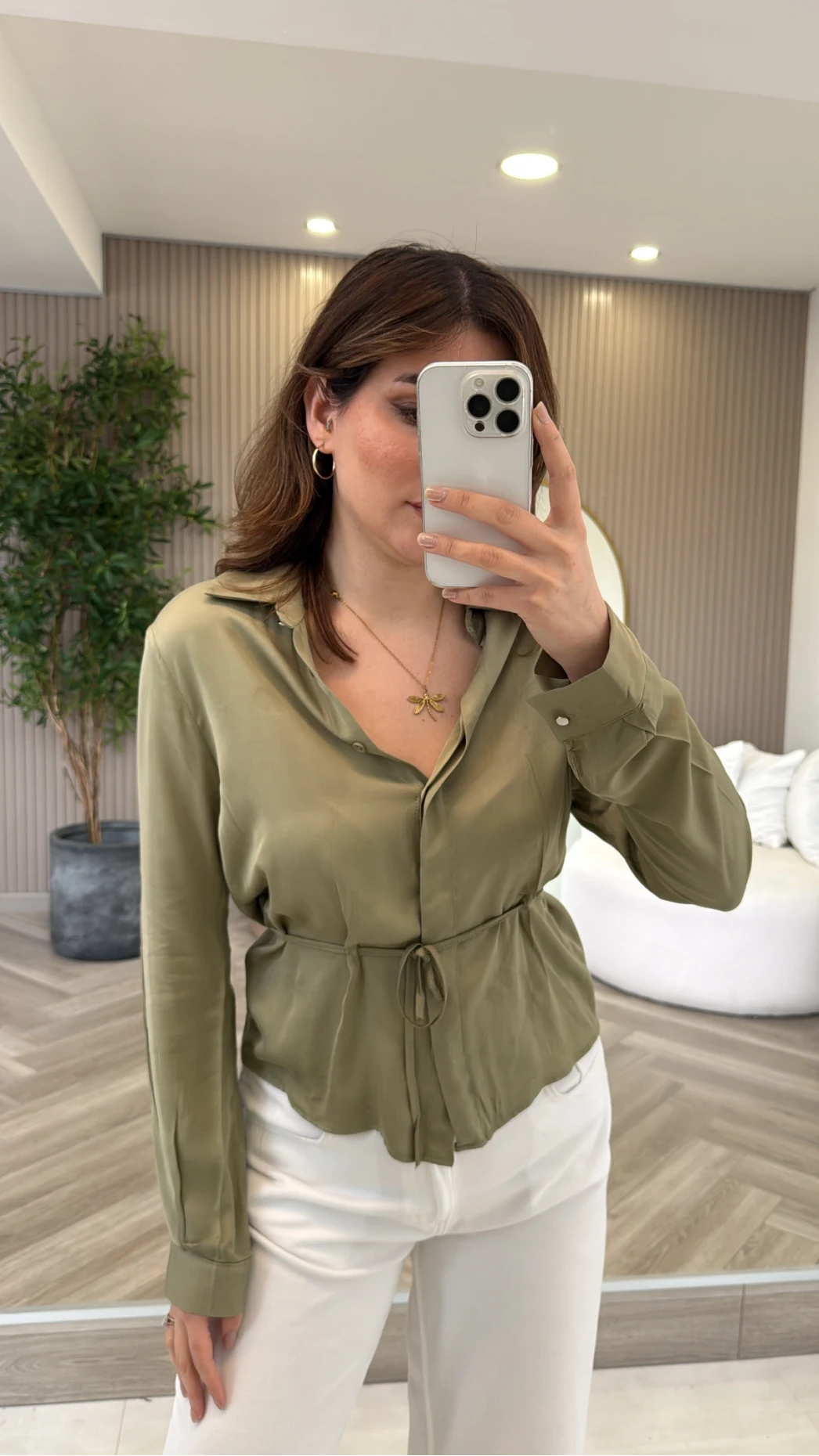 Bağcıklı Dökümlü Gömlek - Haki - Kod: 124