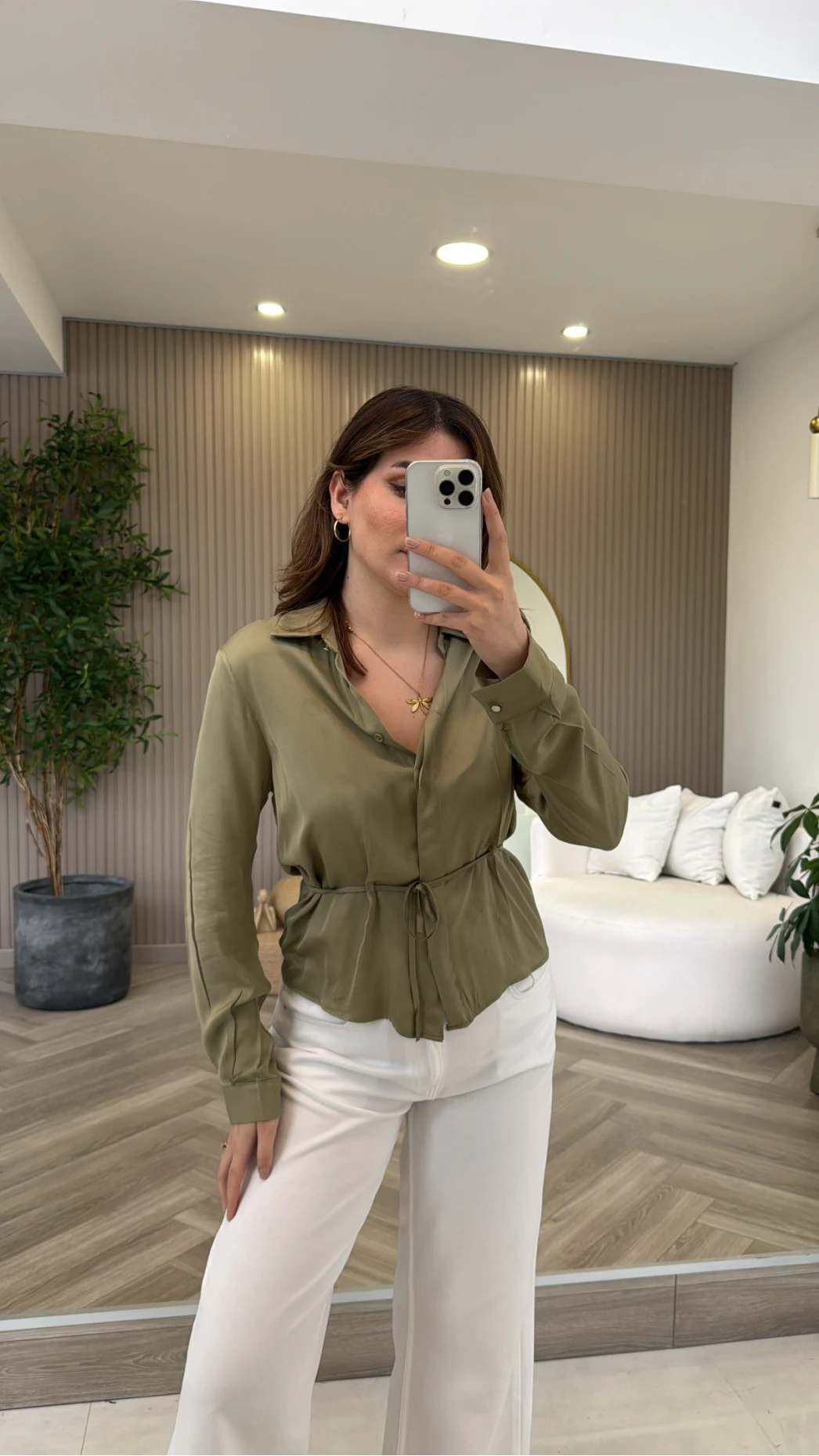 Bağcıklı Dökümlü Gömlek - Haki - Kod: 124