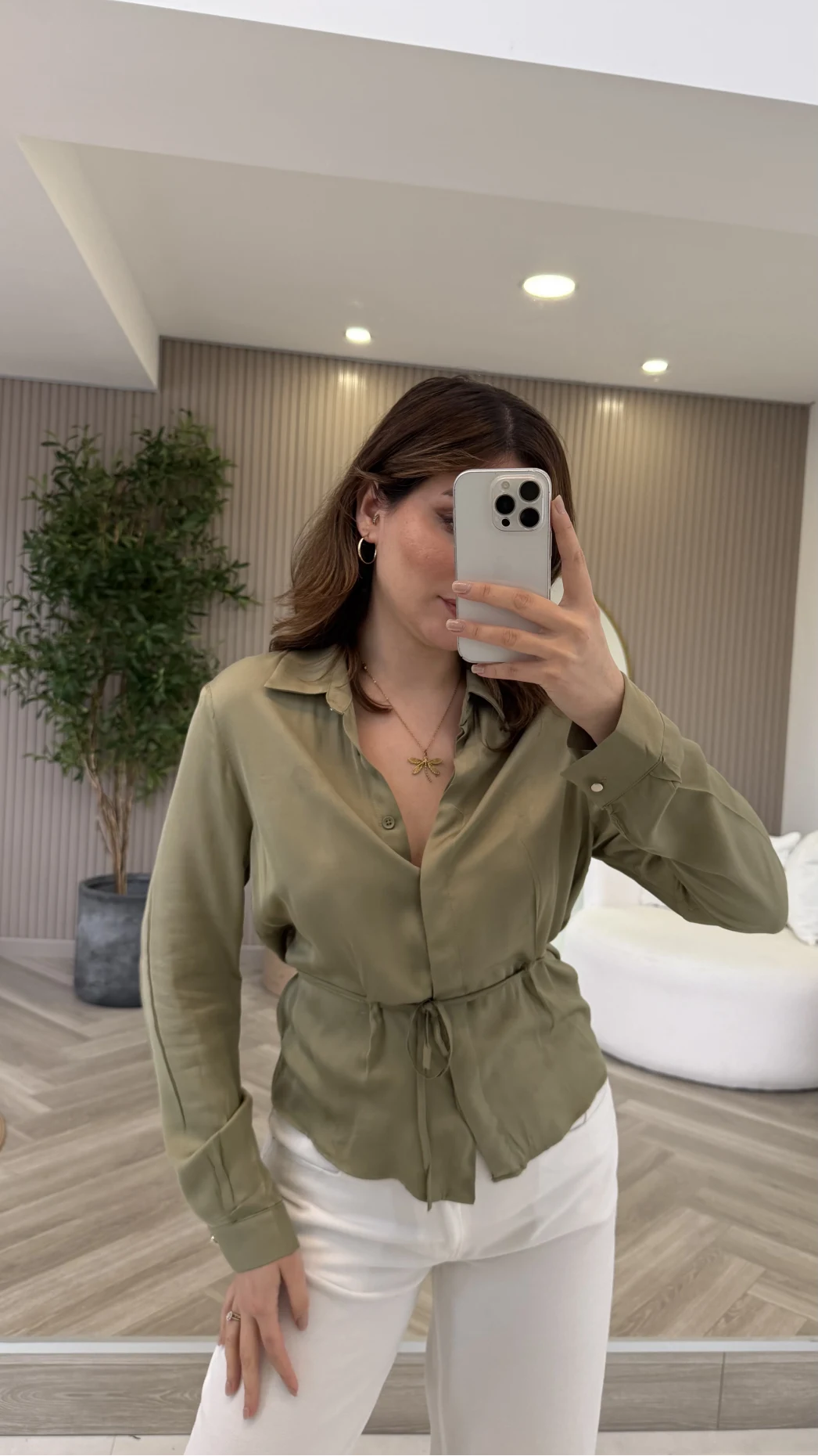 Bağcıklı Dökümlü Gömlek - Haki - Kod: 124