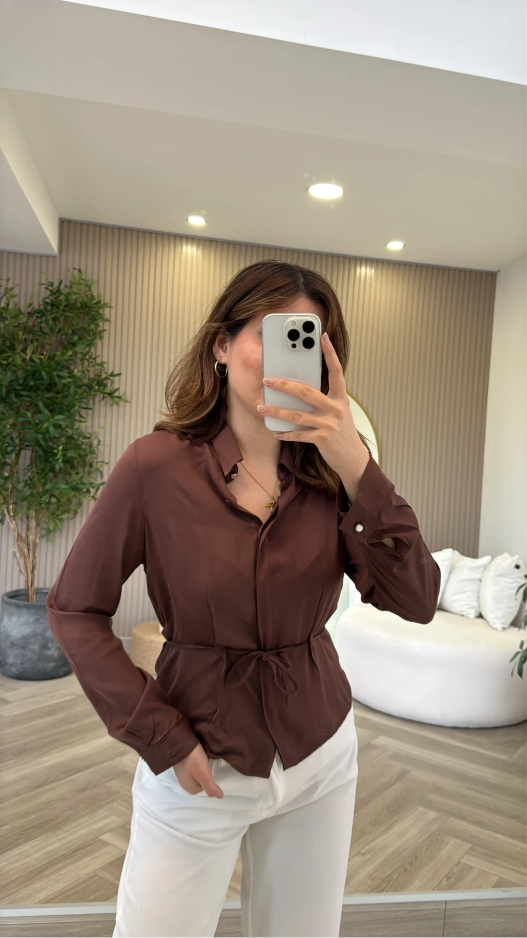 Bağcıklı Dökümlü Gömlek - Kahve - Kod: 124