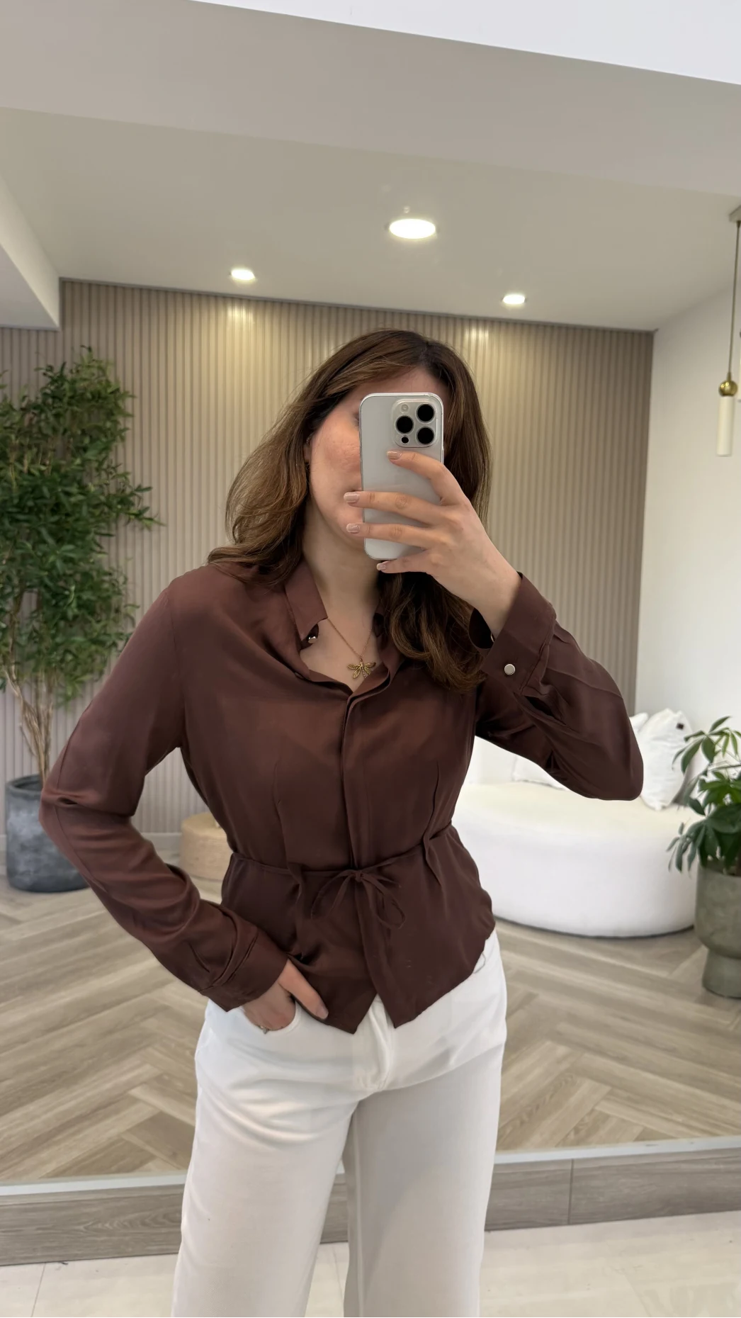 Bağcıklı Dökümlü Gömlek - Kahve - Kod: 124