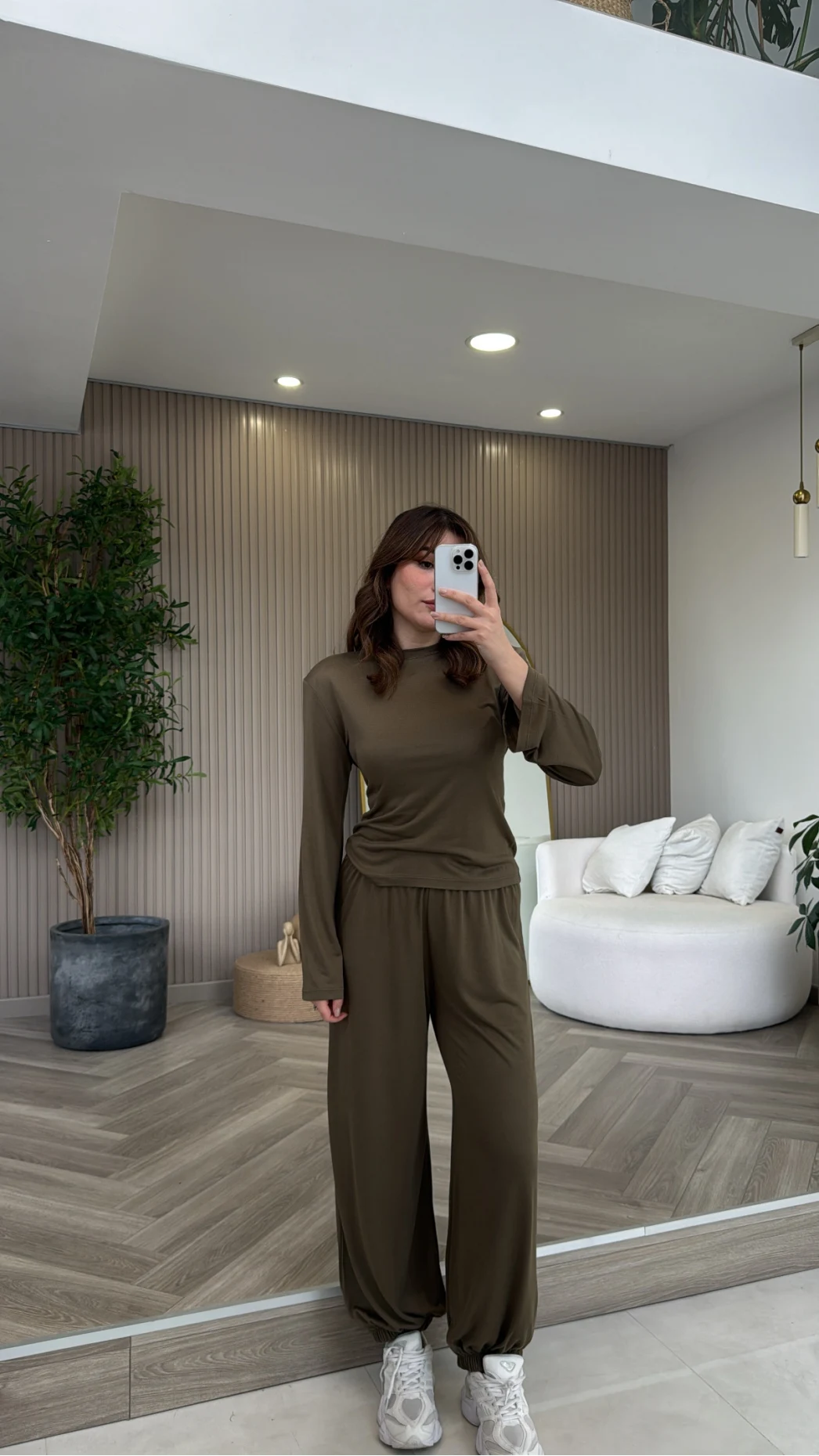 Beli Bağcıklı Uzun Kollu Bluz Eşofman Takım - Haki