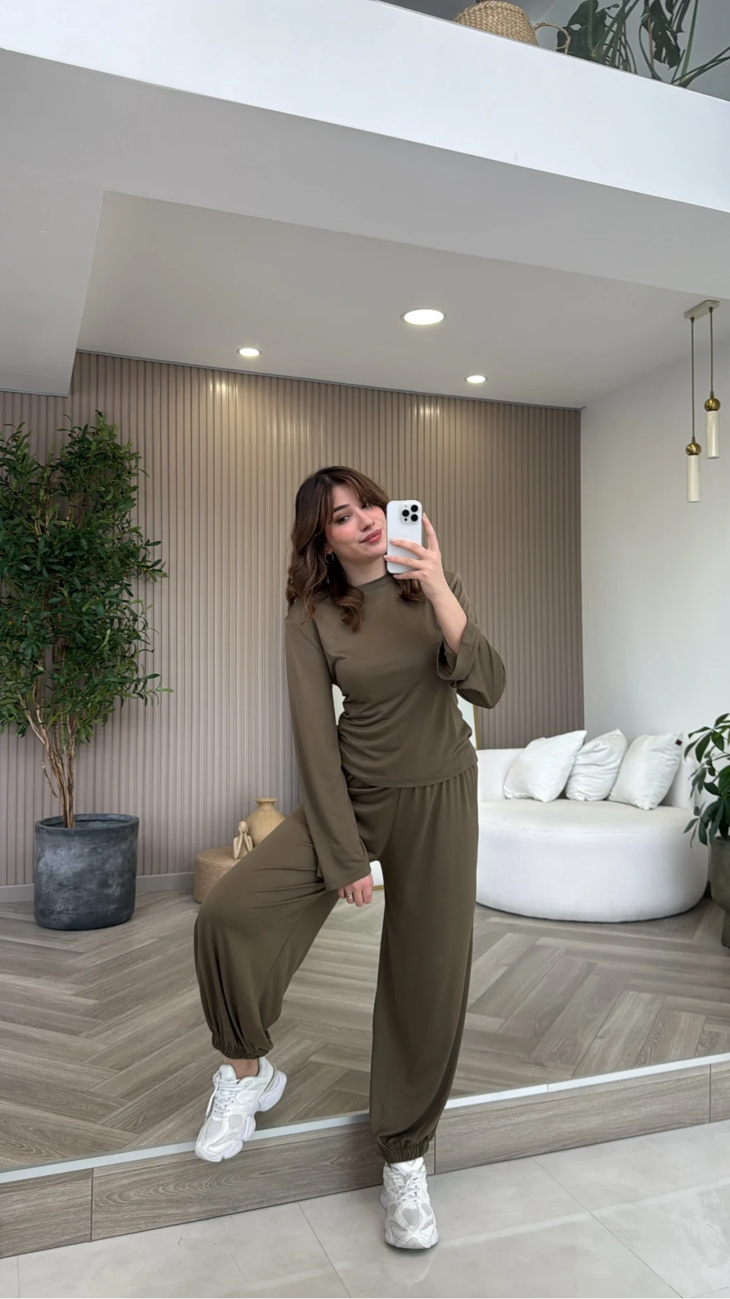 Beli Bağcıklı Uzun Kollu Bluz Eşofman Takım - Haki