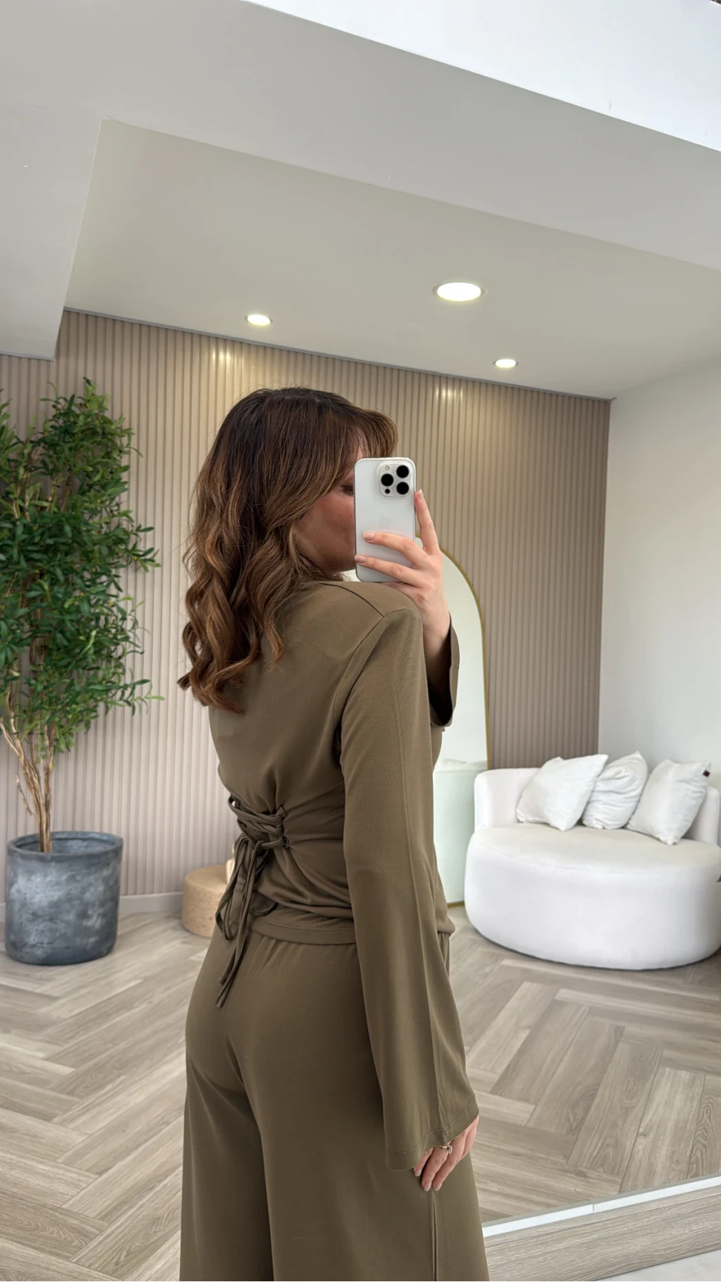 Beli Bağcıklı Uzun Kollu Bluz Eşofman Takım - Haki