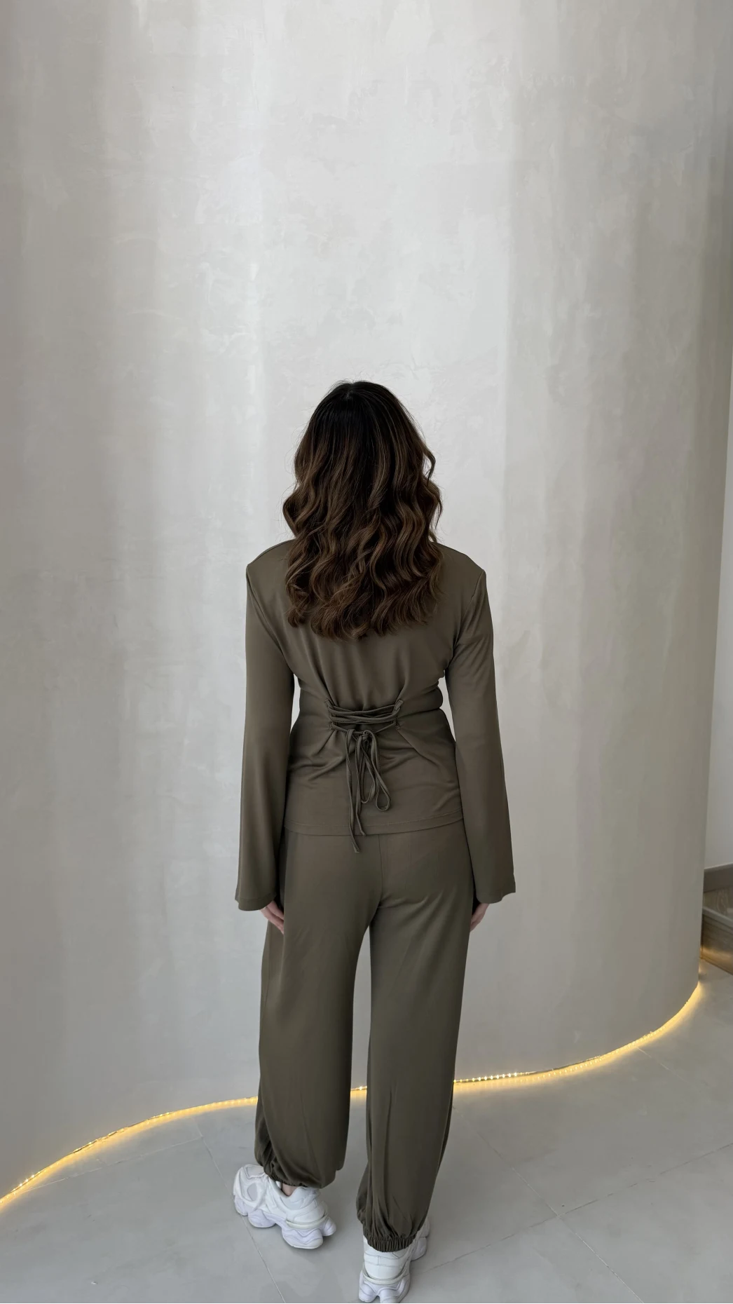 Beli Bağcıklı Uzun Kollu Bluz Eşofman Takım - Haki