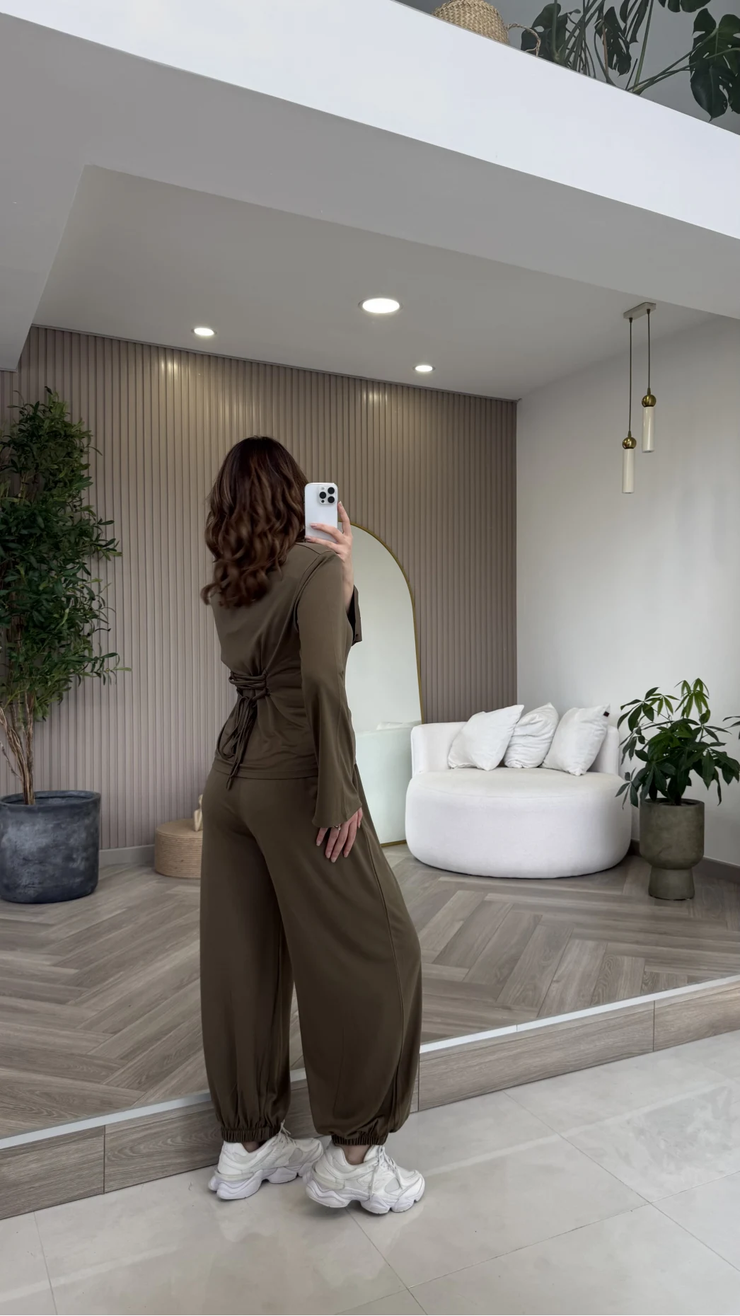 Beli Bağcıklı Uzun Kollu Bluz Eşofman Takım - Haki