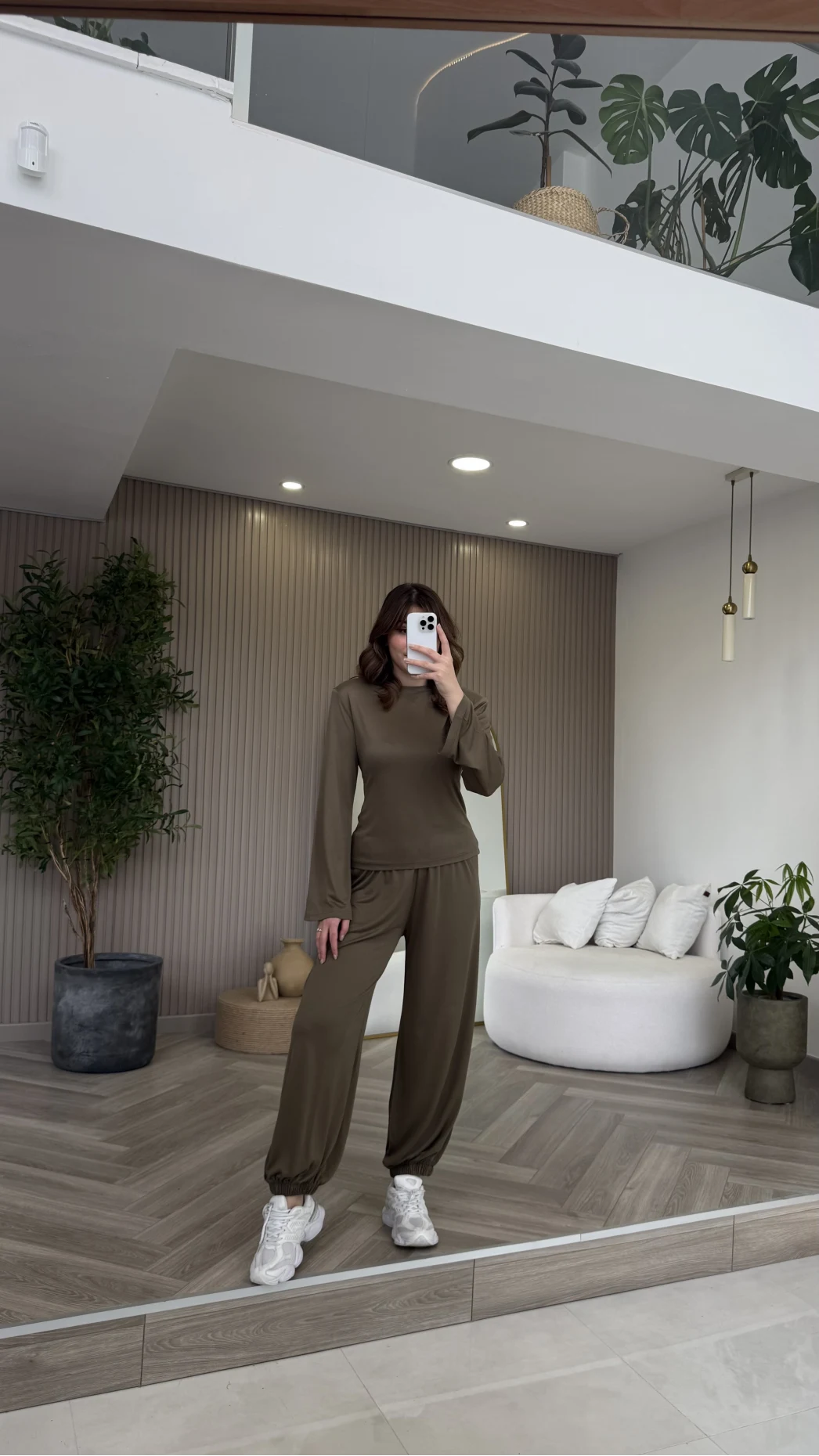 Beli Bağcıklı Uzun Kollu Bluz Eşofman Takım - Haki