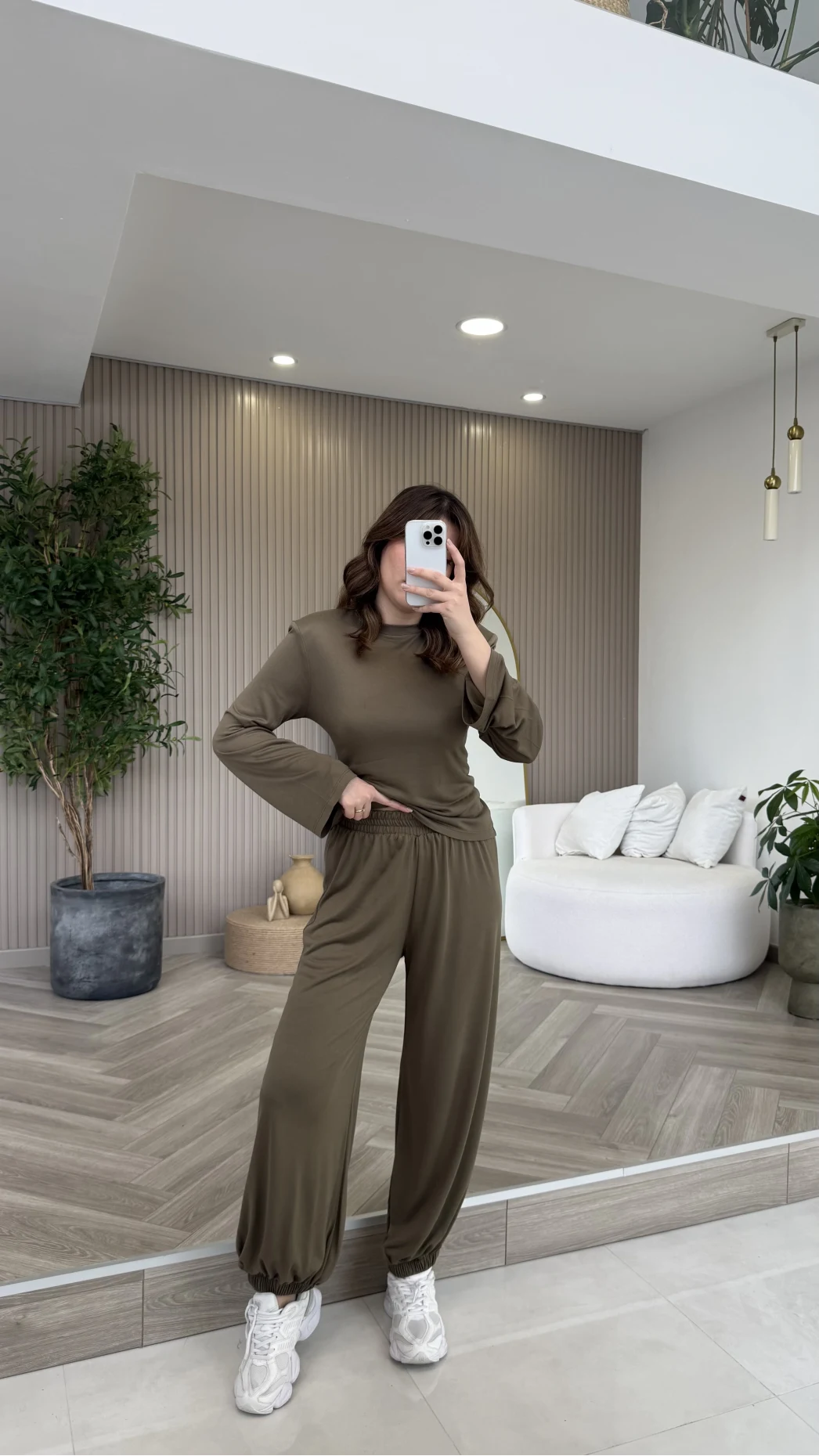 Beli Bağcıklı Uzun Kollu Bluz Eşofman Takım - Haki