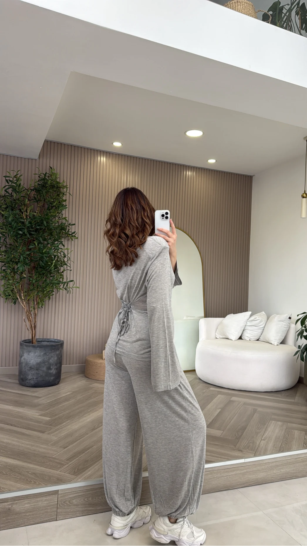 Beli Bağcıklı Uzun Kollu Bluz Eşofman Takım - Gri