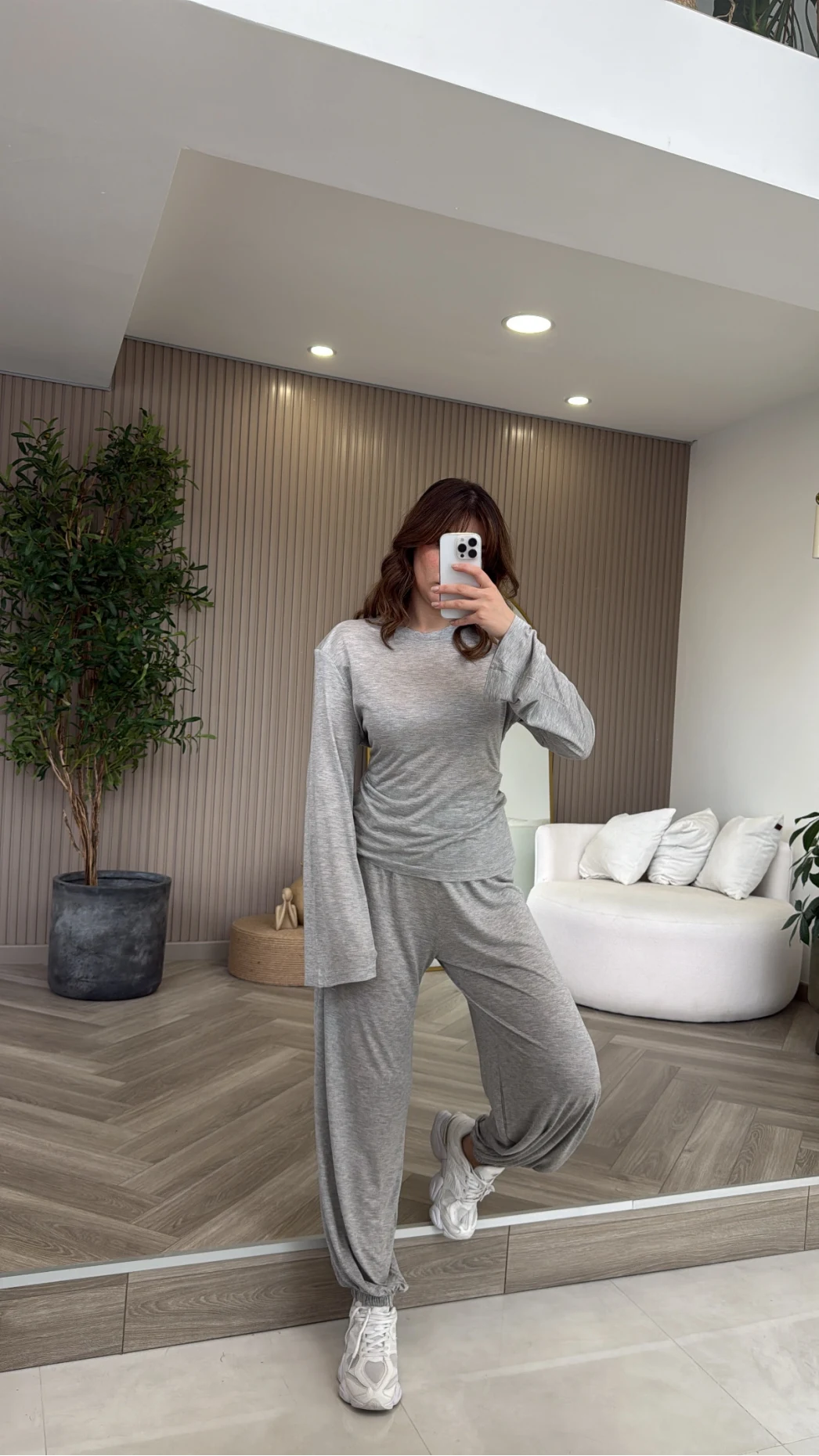 Beli Bağcıklı Uzun Kollu Bluz Eşofman Takım - Gri