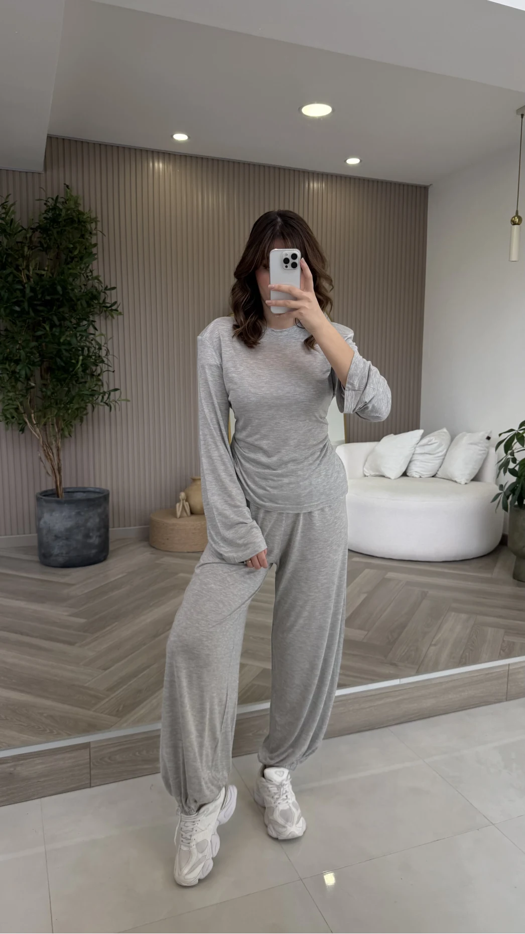 Beli Bağcıklı Uzun Kollu Bluz Eşofman Takım - Gri