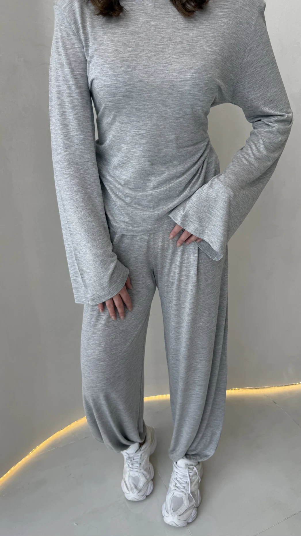 Beli Bağcıklı Uzun Kollu Bluz Eşofman Takım - Gri