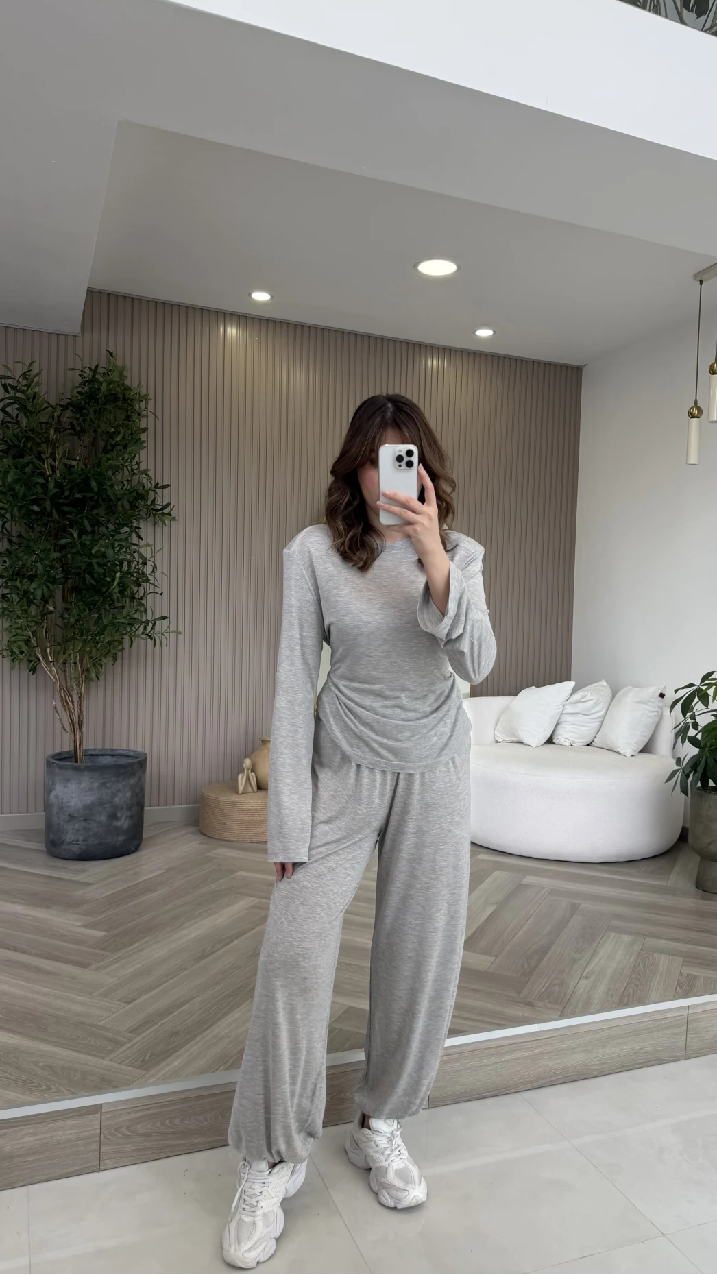 Beli Bağcıklı Uzun Kollu Bluz Eşofman Takım - Gri