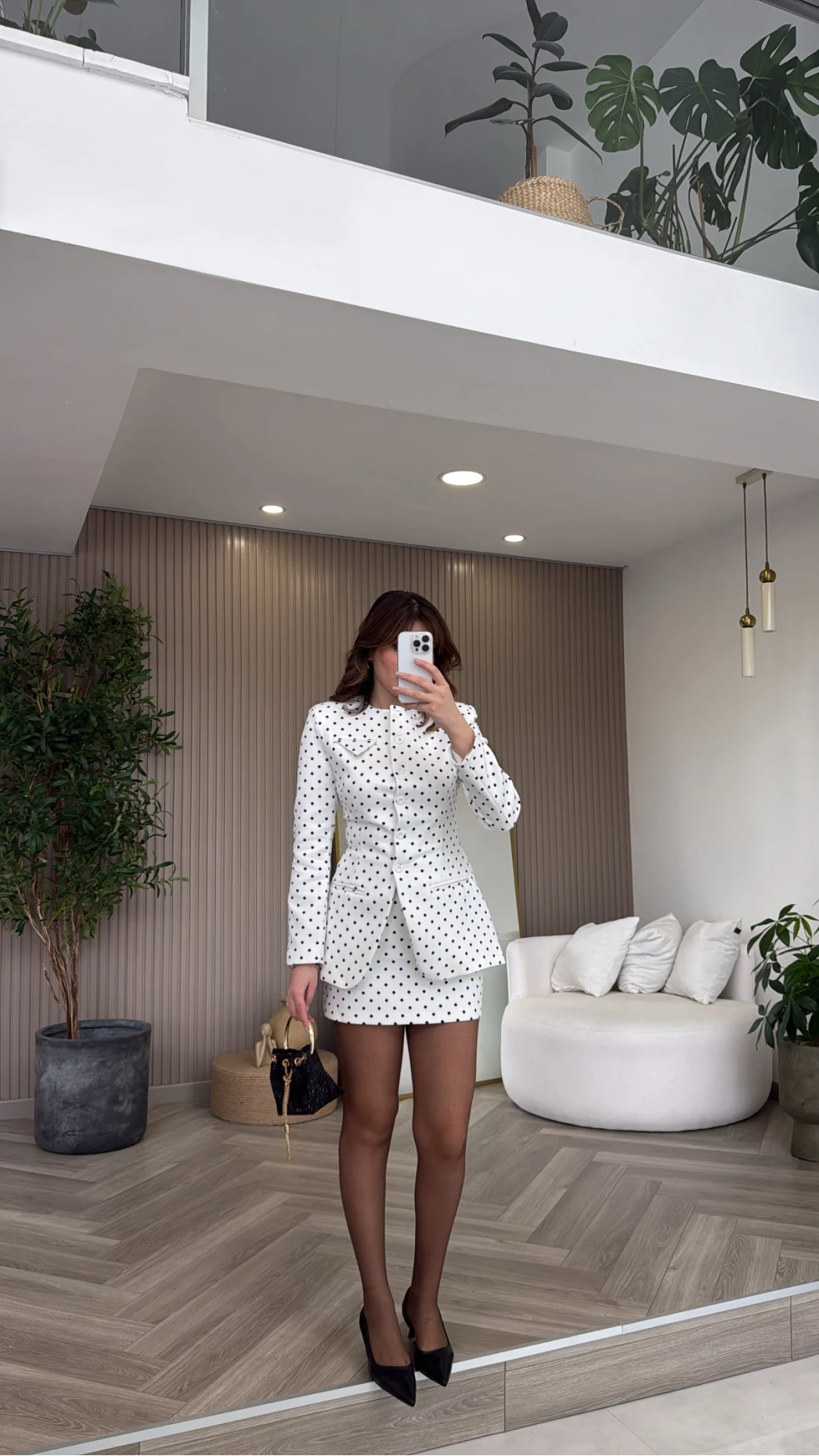 Pantheon Puantiyeli Ceket Mini Etek Takım - Ekru