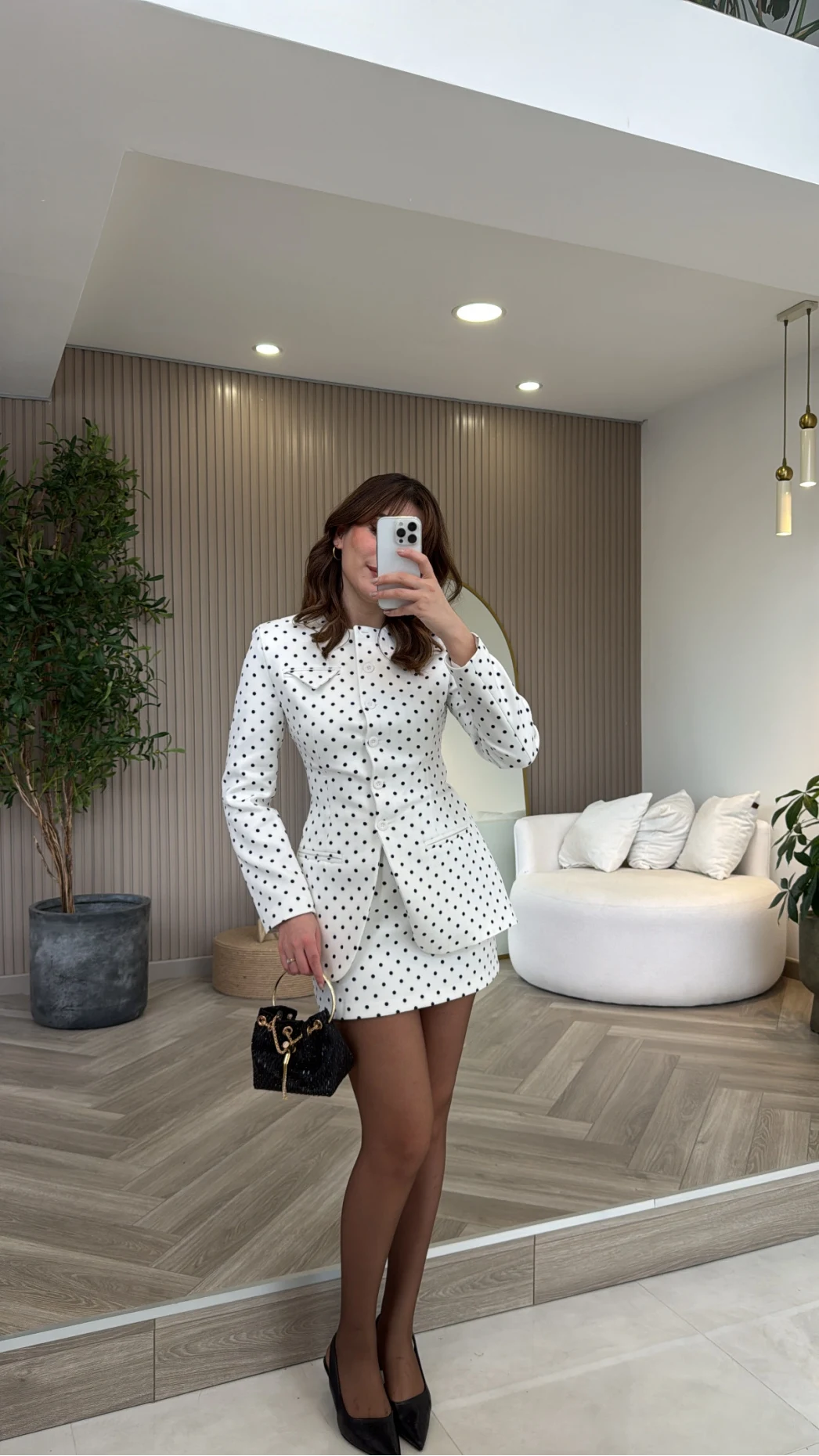 Pantheon Puantiyeli Ceket Mini Etek Takım - Ekru