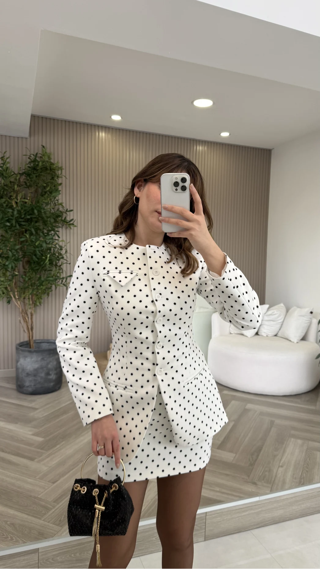 Pantheon Puantiyeli Ceket Mini Etek Takım - Ekru