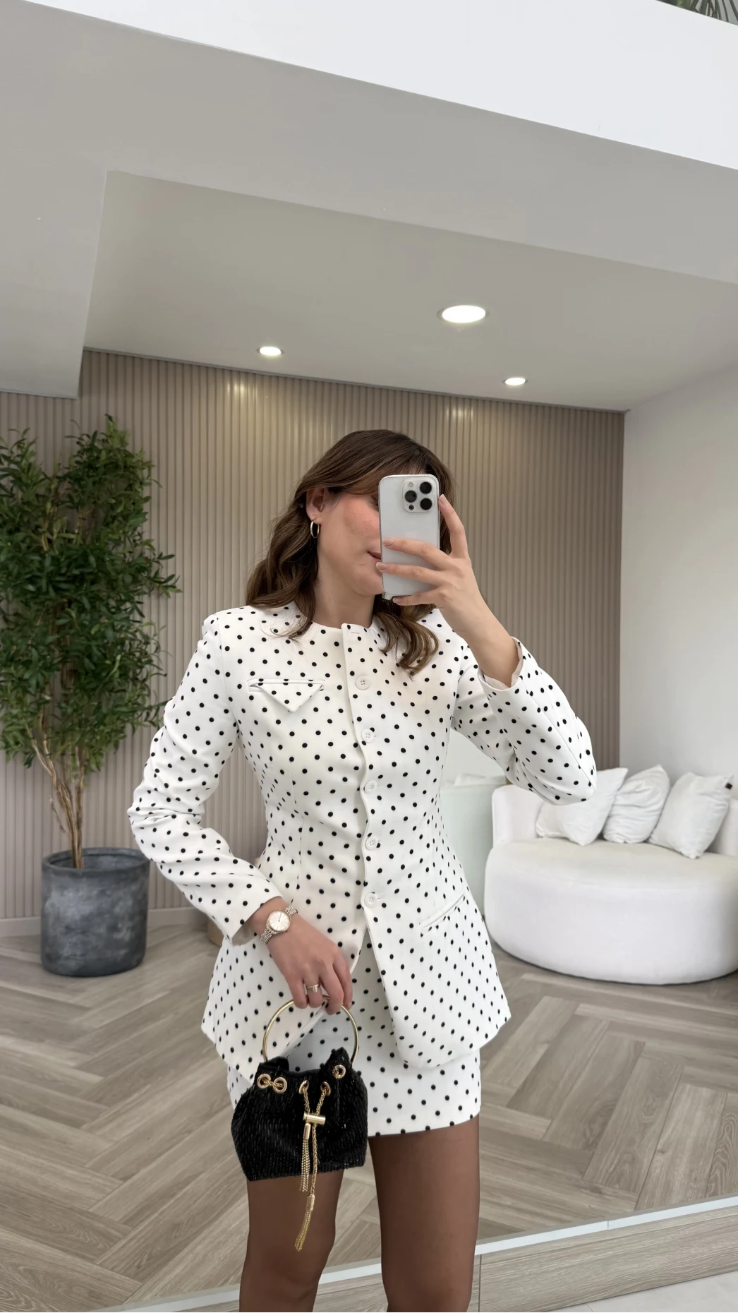 Pantheon Puantiyeli Ceket Mini Etek Takım - Ekru