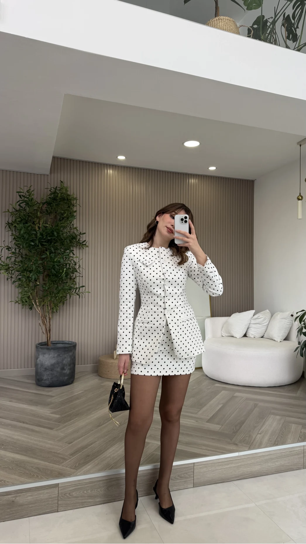 Pantheon Puantiyeli Ceket Mini Etek Takım - Ekru