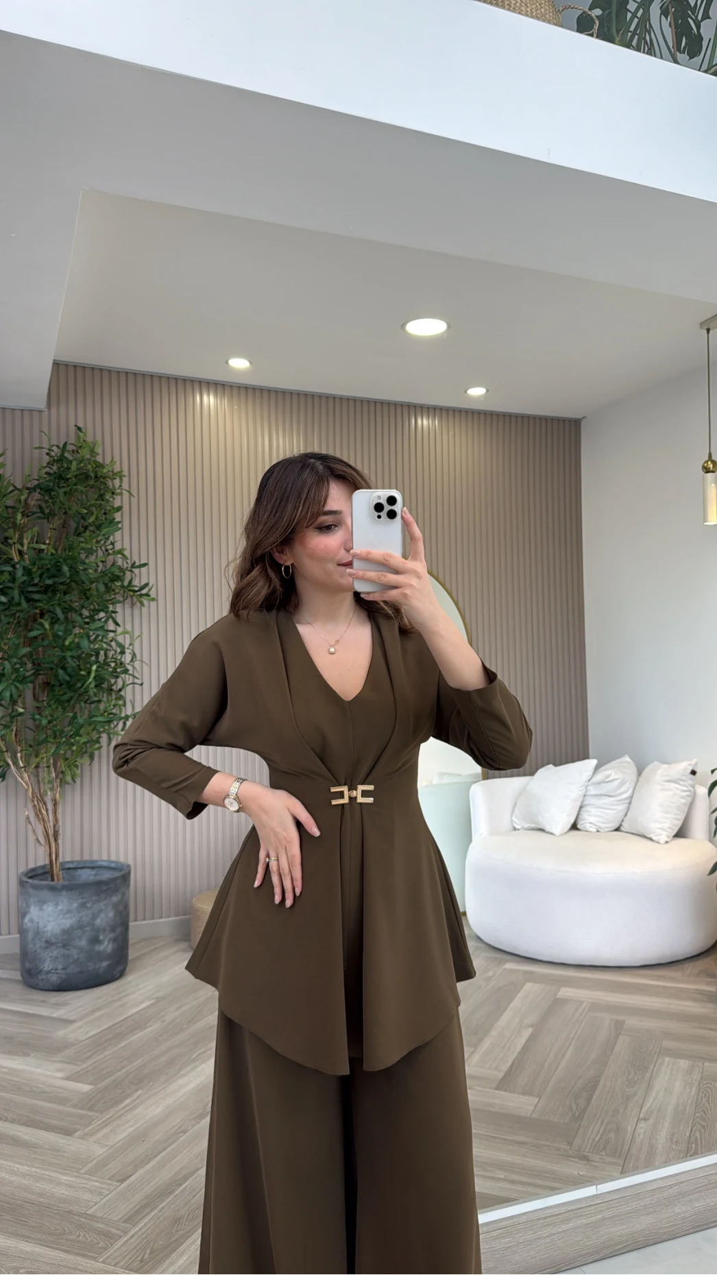 Beli Toka Detaylı Bluz Pantolon Takım - Haki - Kod: 9399