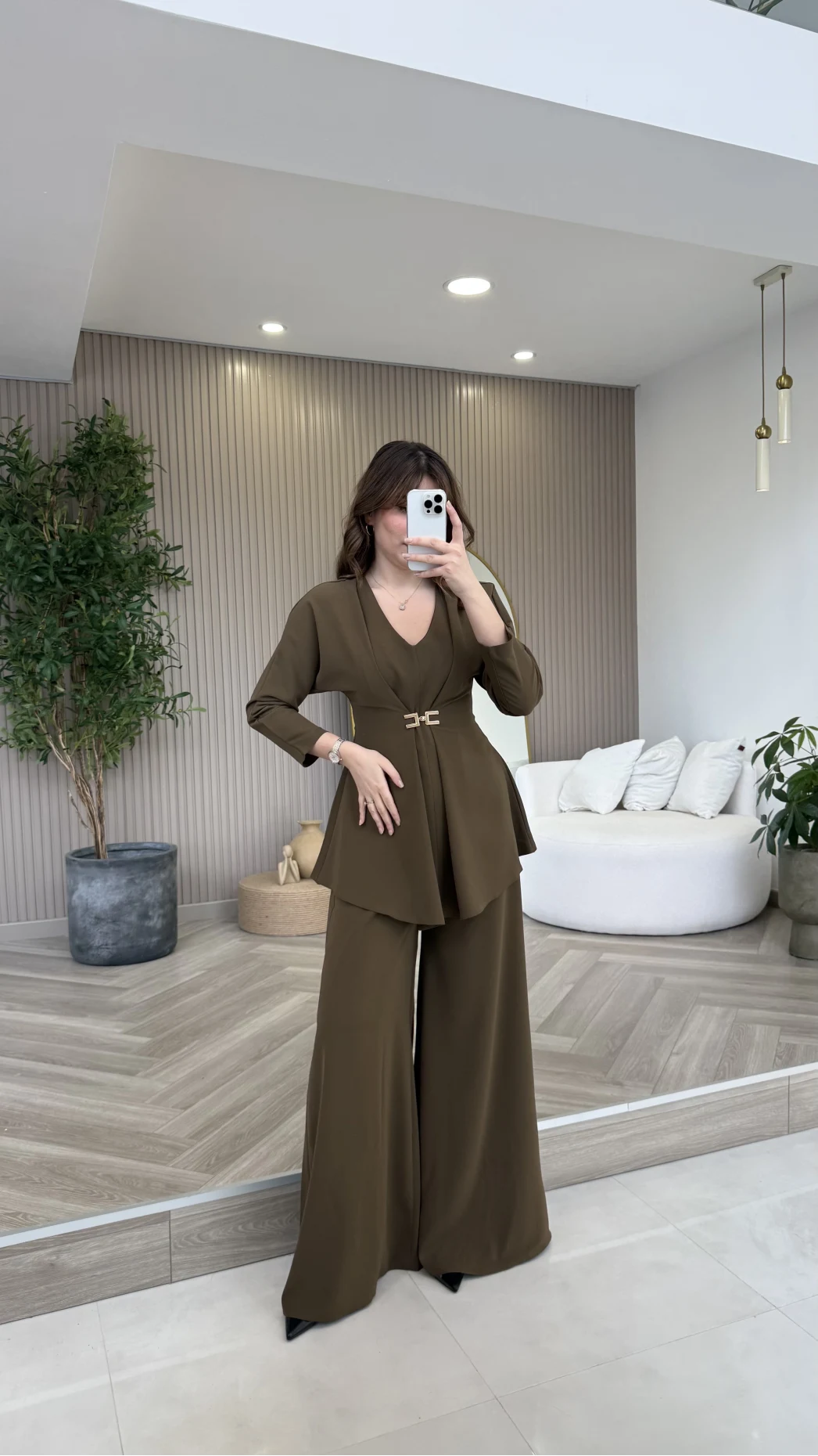 Beli Toka Detaylı Bluz Pantolon Takım - Haki - Kod: 9399