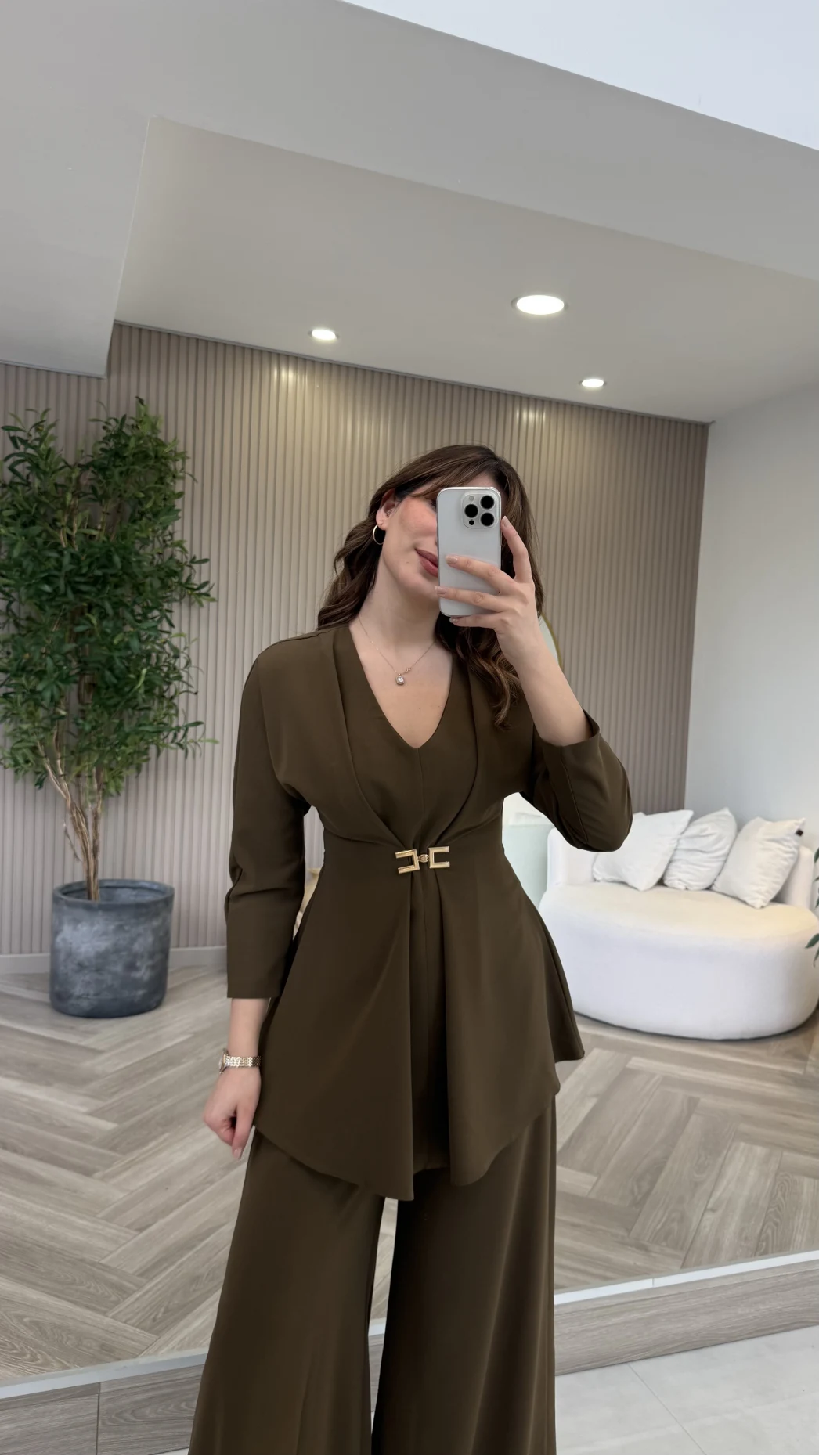 Beli Toka Detaylı Bluz Pantolon Takım - Haki - Kod: 9399