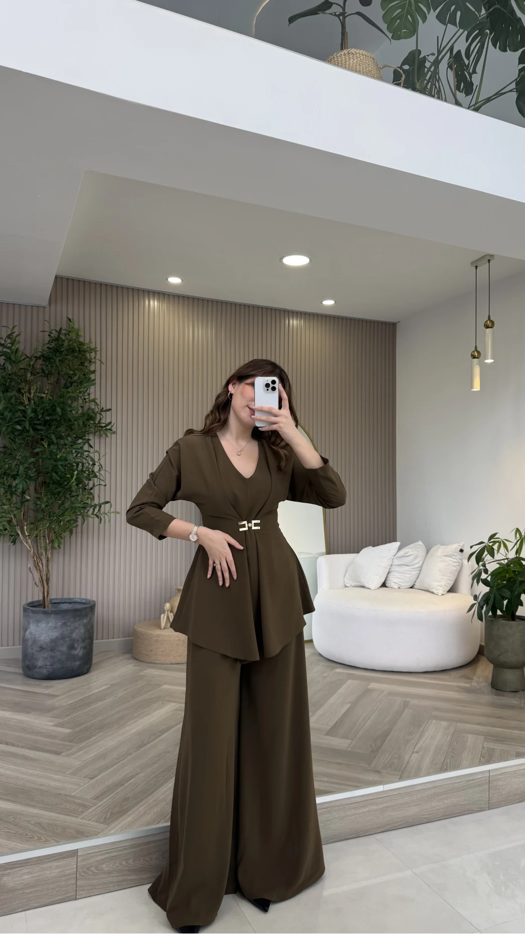 Beli Toka Detaylı Bluz Pantolon Takım - Haki - Kod: 9399