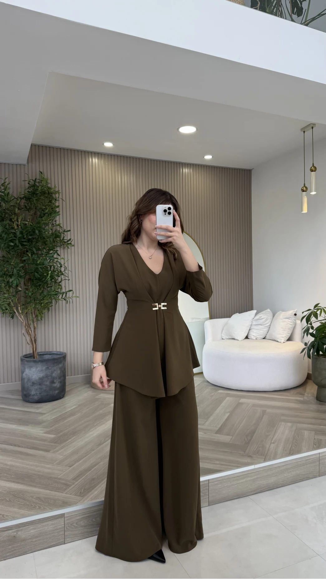 Beli Toka Detaylı Bluz Pantolon Takım - Haki - Kod: 9399