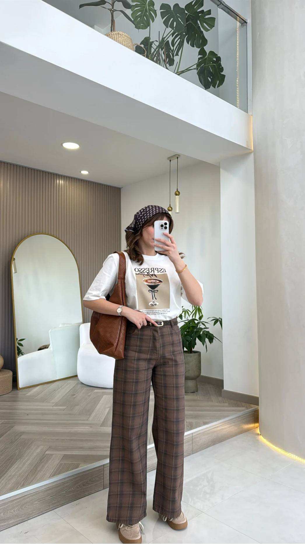 Ekose Desenli Yüksek Bel Denim Jean Pantolon - Kahverengi