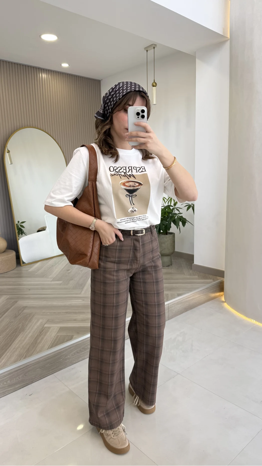 Ekose Desenli Yüksek Bel Denim Jean Pantolon - Kahverengi