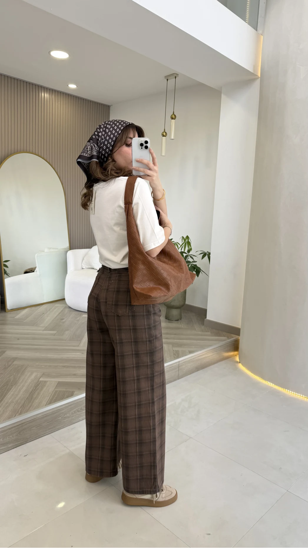 Ekose Desenli Yüksek Bel Denim Jean Pantolon - Kahverengi