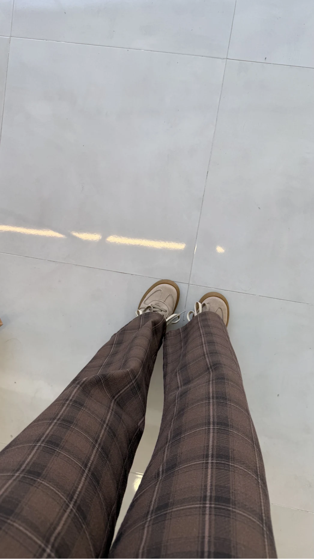 Ekose Desenli Yüksek Bel Denim Jean Pantolon - Kahverengi