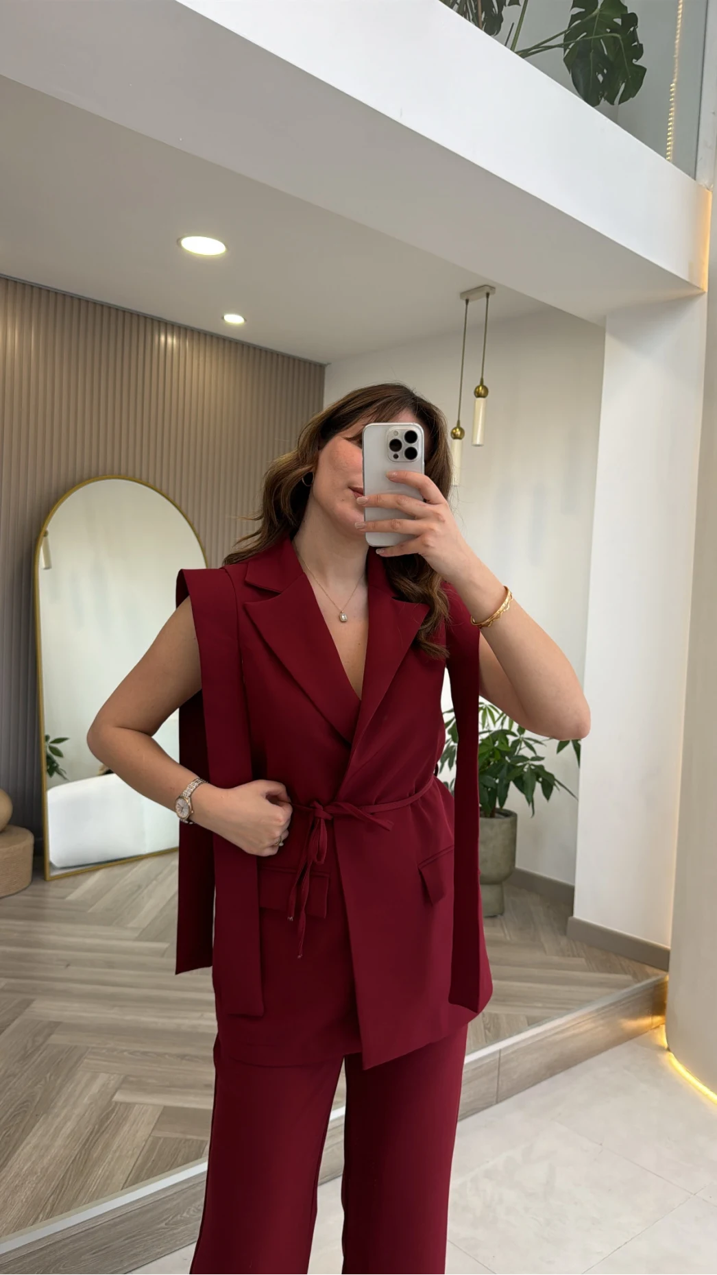 Napolı Omuz Detay Bağcıklı Yelek Takım - Bordo - Kod: 8005