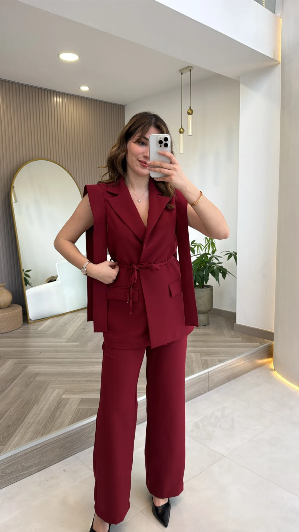 Napolı Omuz Detay Bağcıklı Yelek Takım - Bordo - Kod: 8005