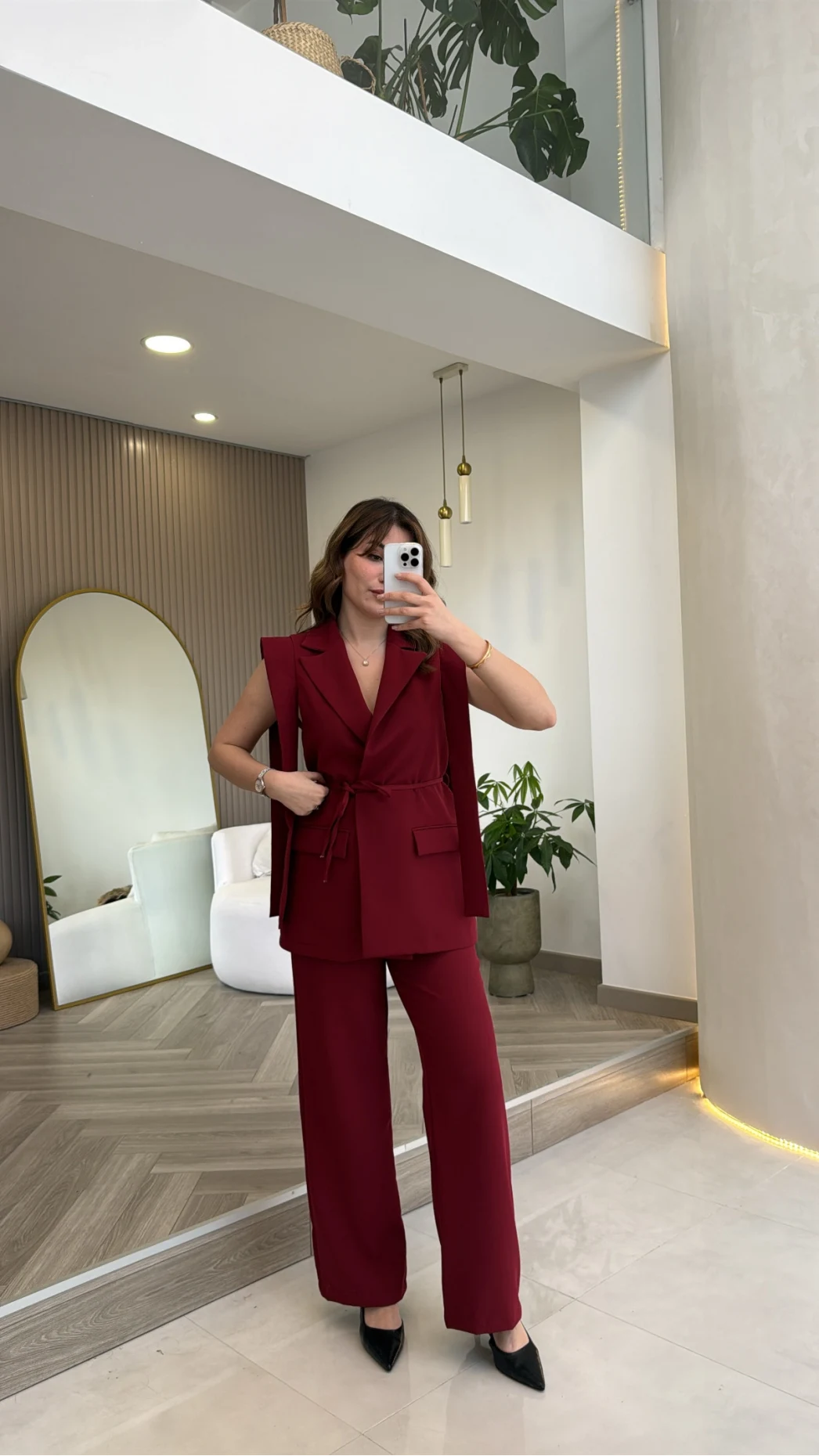 Napolı Omuz Detay Bağcıklı Yelek Takım - Bordo - Kod: 8005