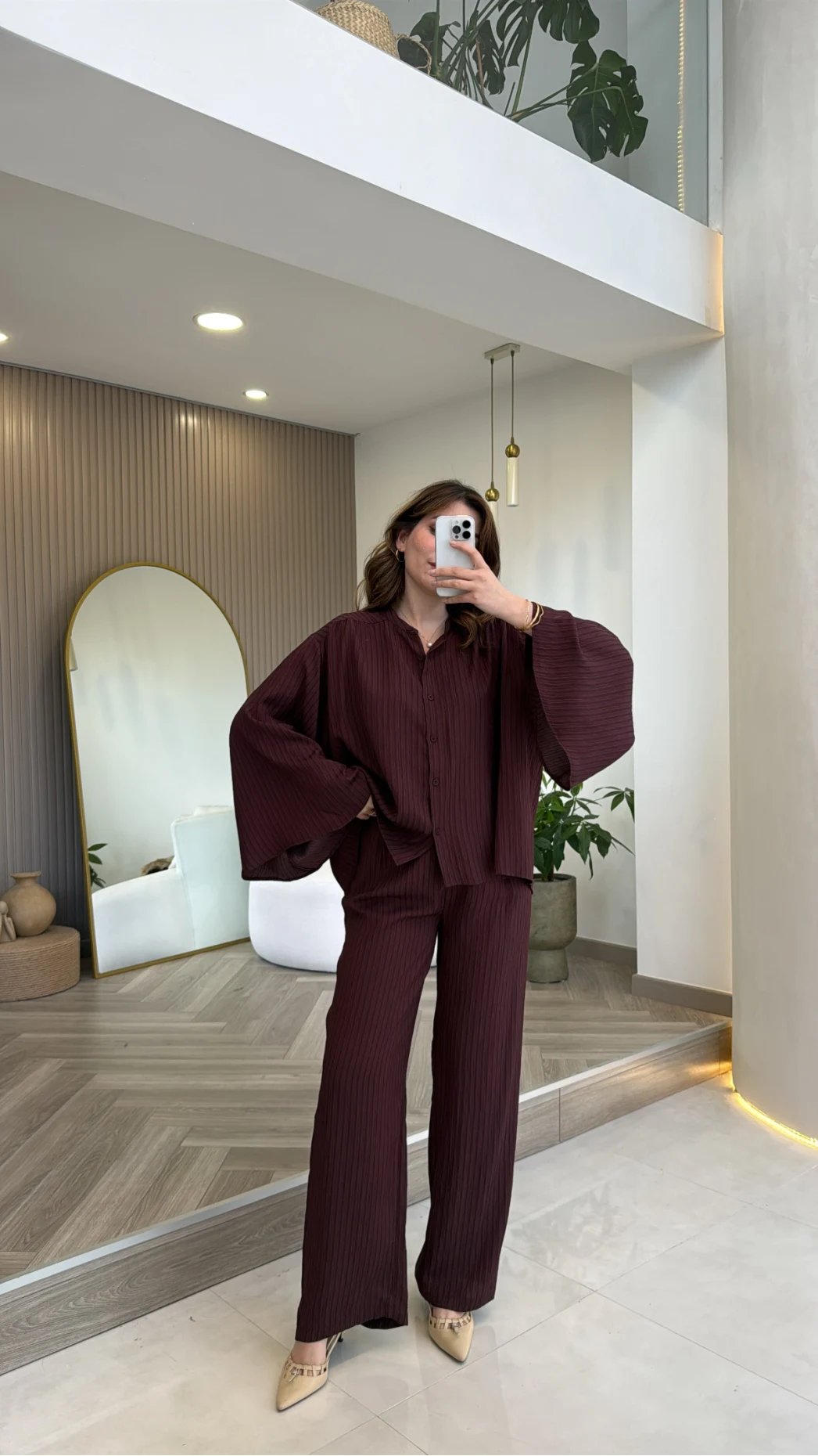 El Escorial Oversize Çizgili Takım - Bordo - Kod: 9069