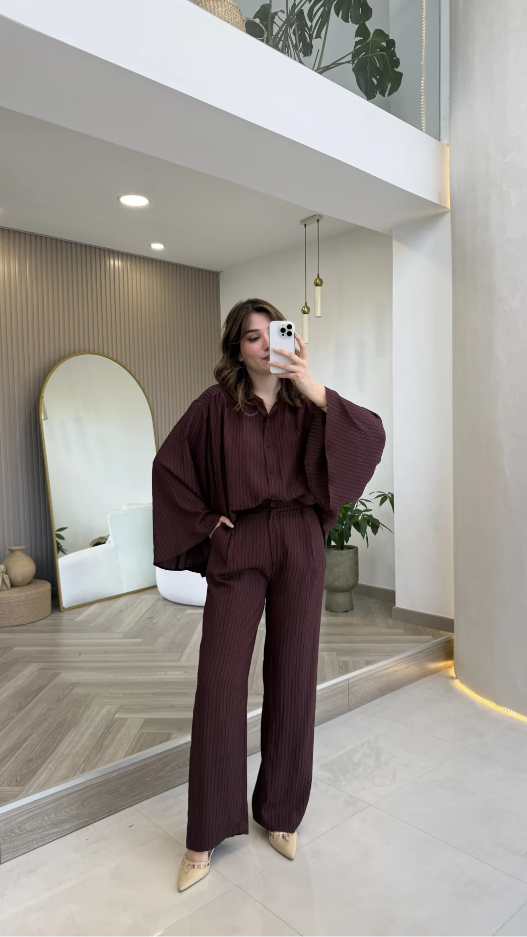 El Escorial Oversize Çizgili Takım - Bordo - Kod: 9069