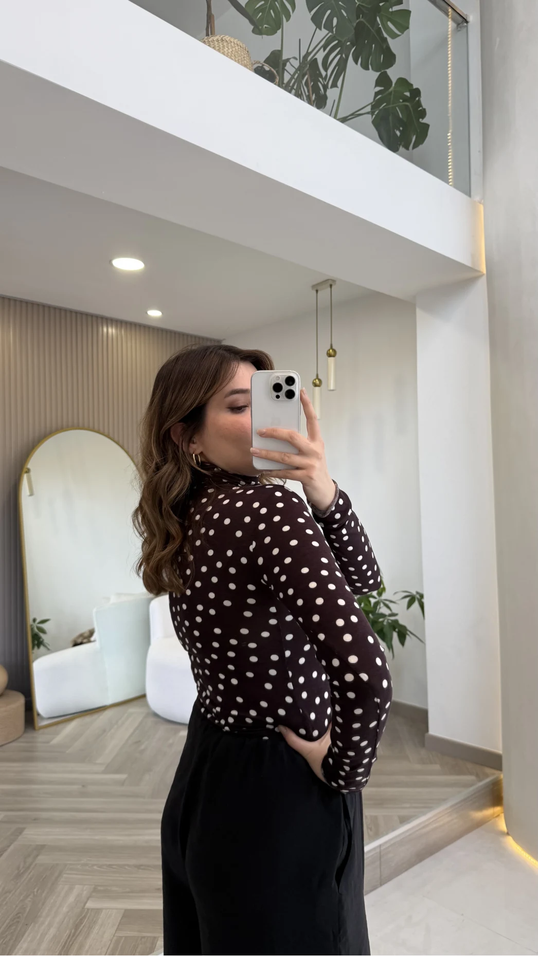 Boğazlı Puantiyeli Bluz - Kahverengi