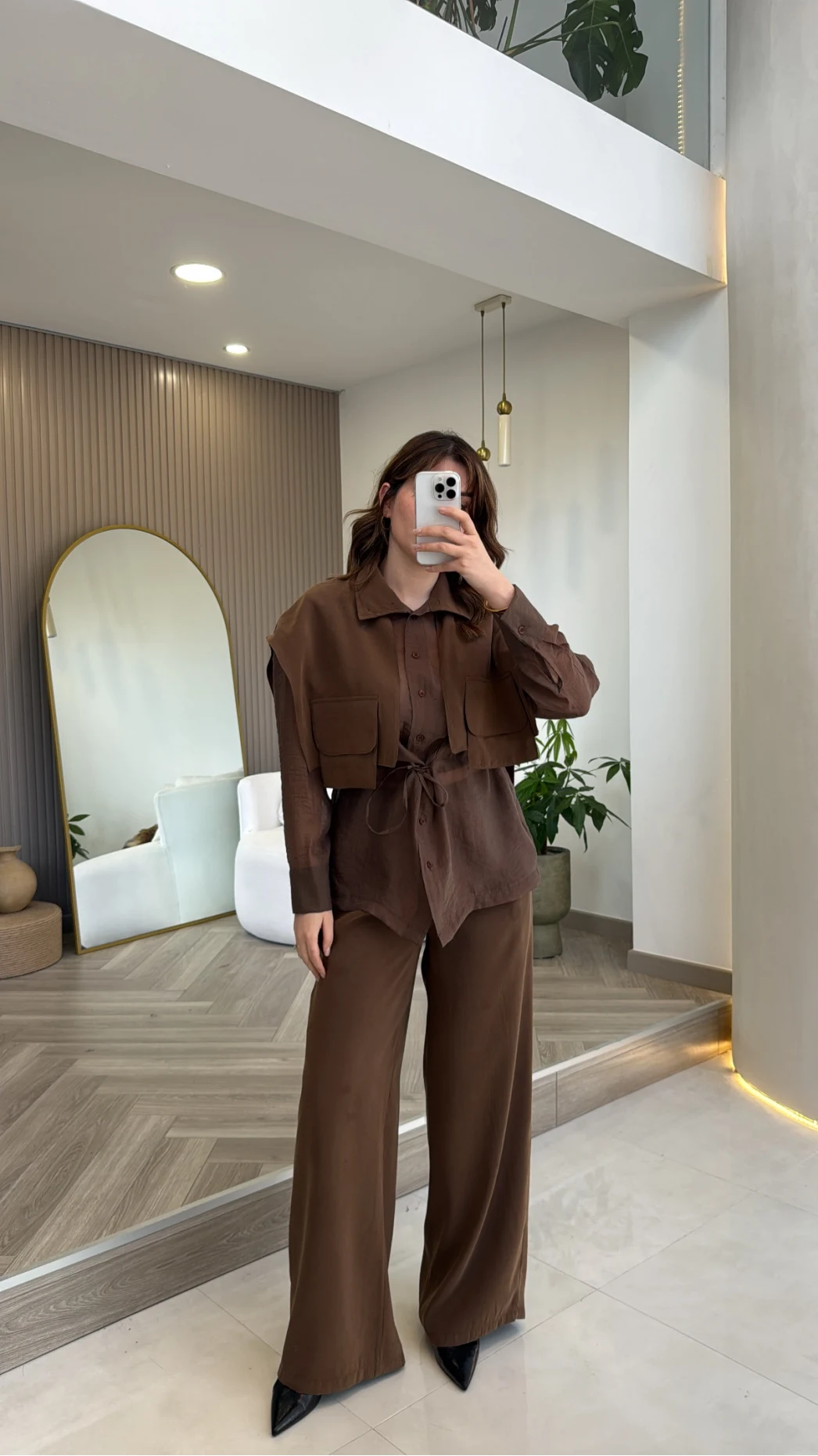 Vatkalı Garnili Bağcıklı Takım - Kahverengi - Kod: 51309