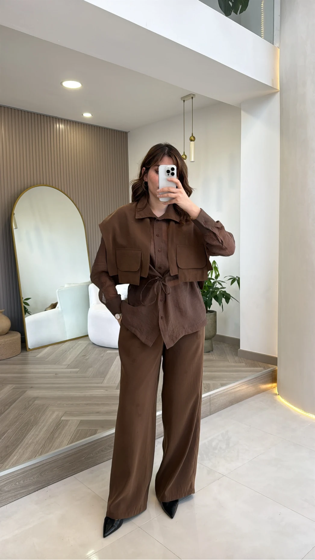 Vatkalı Garnili Bağcıklı Takım - Kahverengi - Kod: 51309