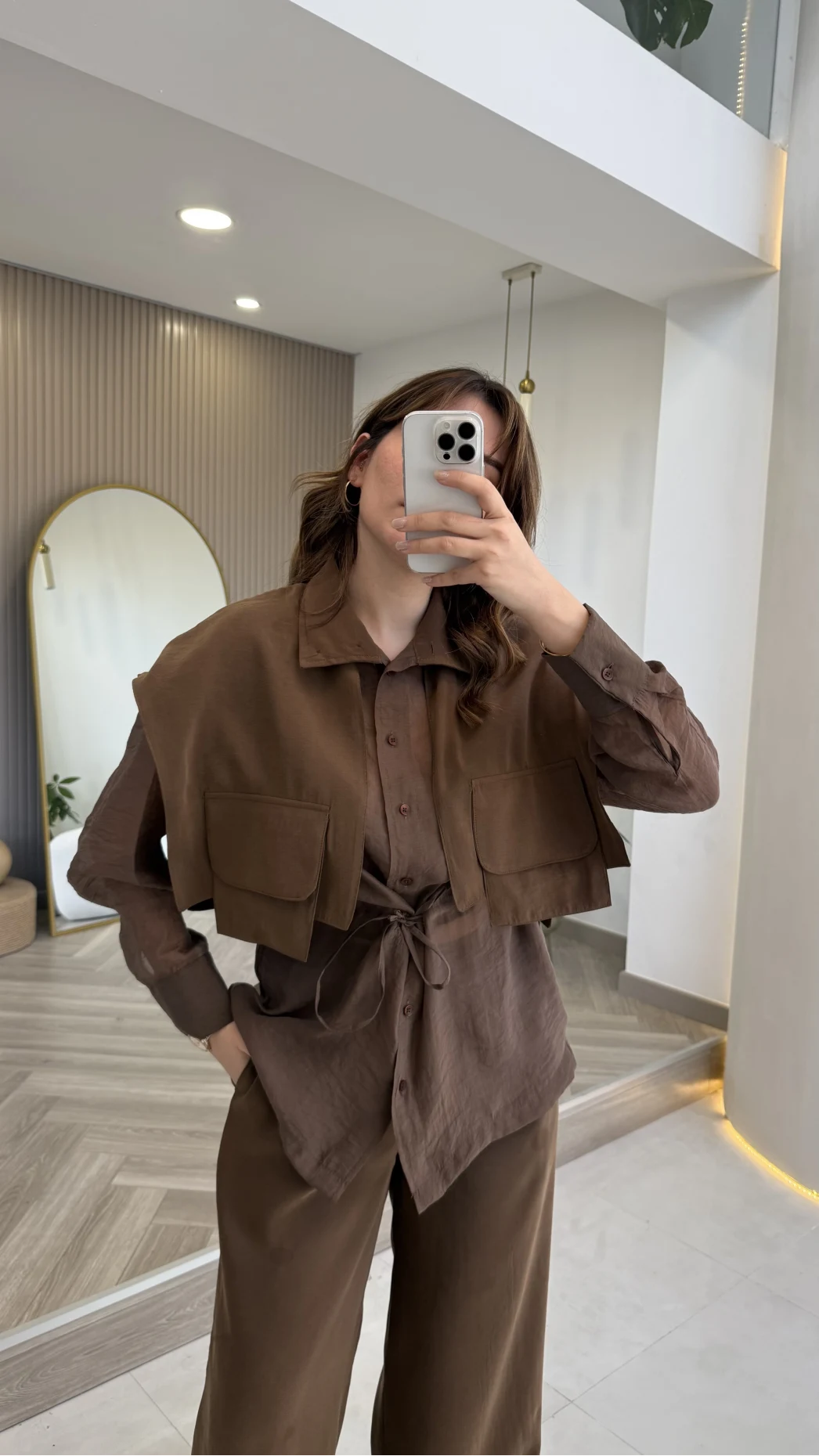 Vatkalı Garnili Bağcıklı Takım - Kahverengi - Kod: 51309