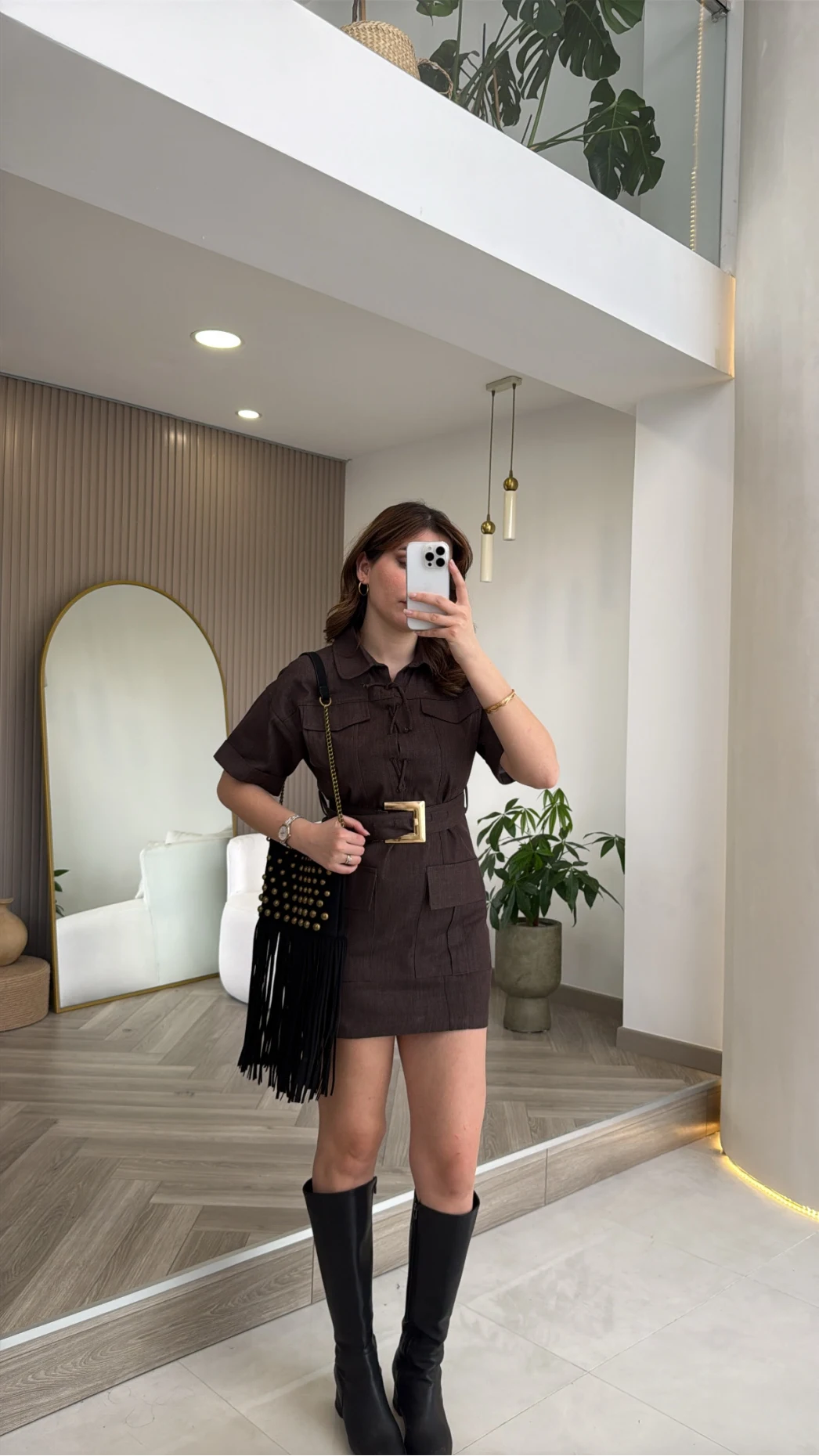 Gold Kemerli Safari Denim Elbise - Kahverengi - Kod: 260806