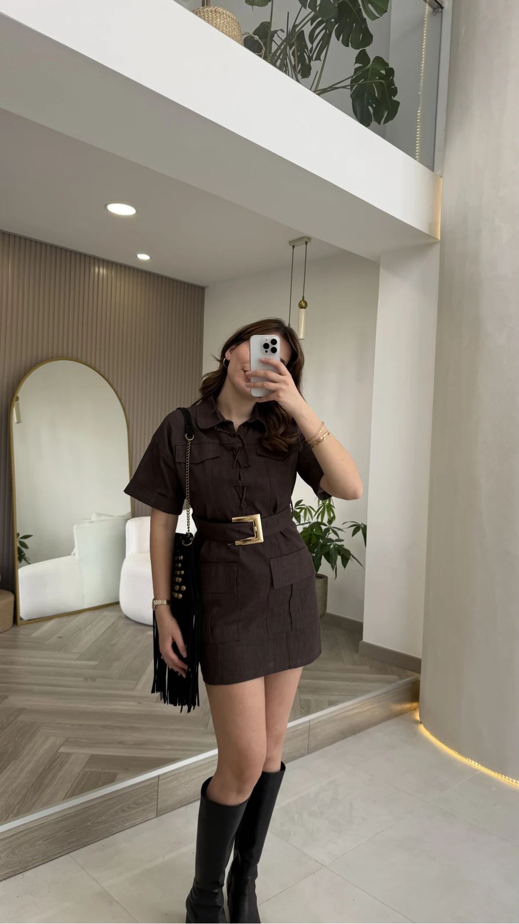 Gold Kemerli Safari Denim Elbise - Kahverengi - Kod: 260806