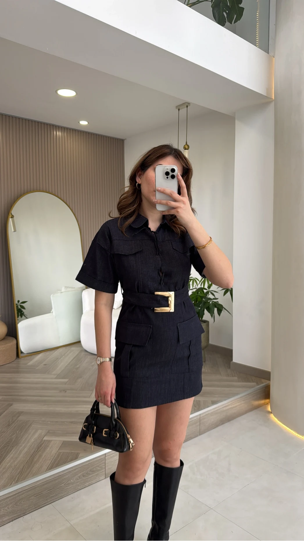 Gold Kemerli Safari Denim Elbise - Lacivert - Kod: 260806