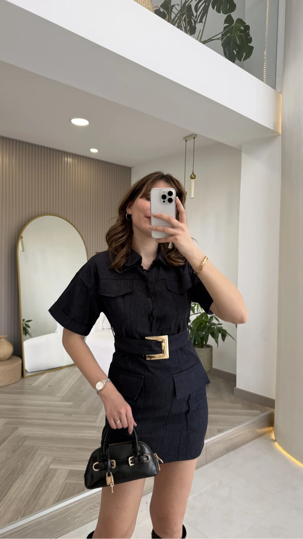 Gold Kemerli Safari Denim Elbise - Lacivert - Kod: 260806