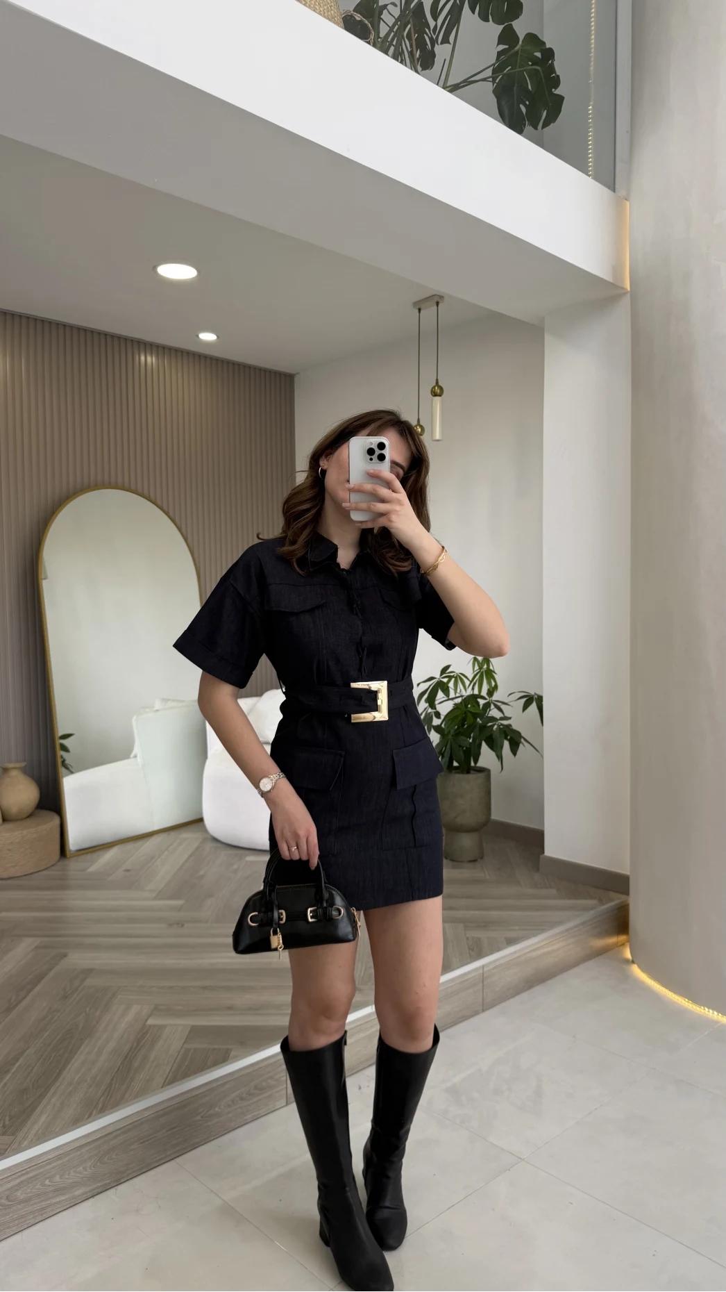 Gold Kemerli Safari Denim Elbise - Lacivert - Kod: 260806